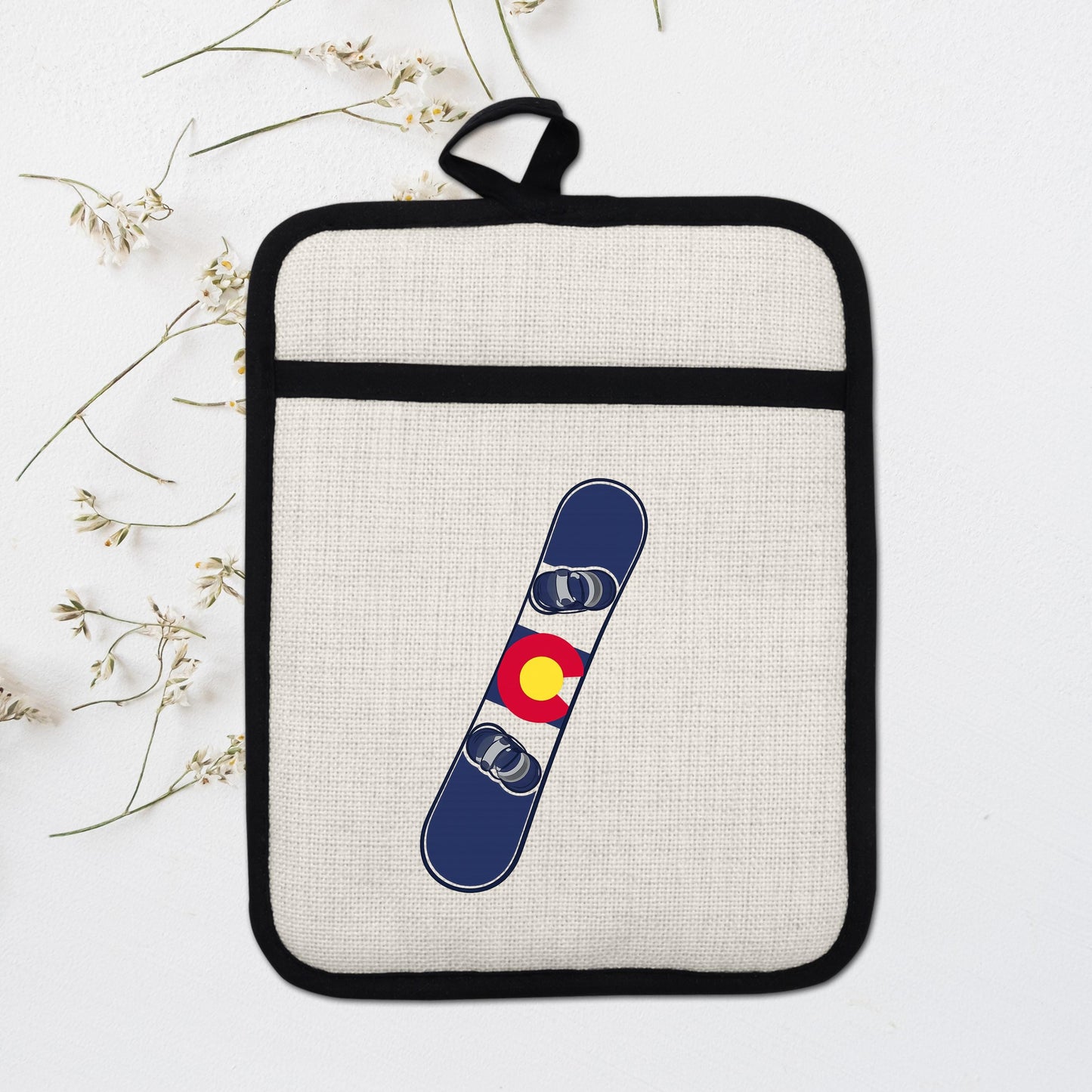 Snowboard Pot Holder - Colorado Flag Design | Linen Fabric & Silicone Backing Pad Trivet - additional product photo 15