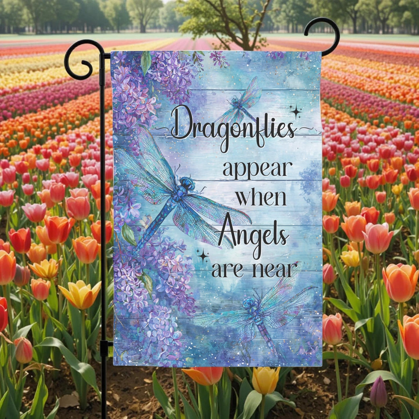 Memorial Garden Flag – Dragonfly Garden Flag with Lilac Flowers | UV Protected Polyester - size reference