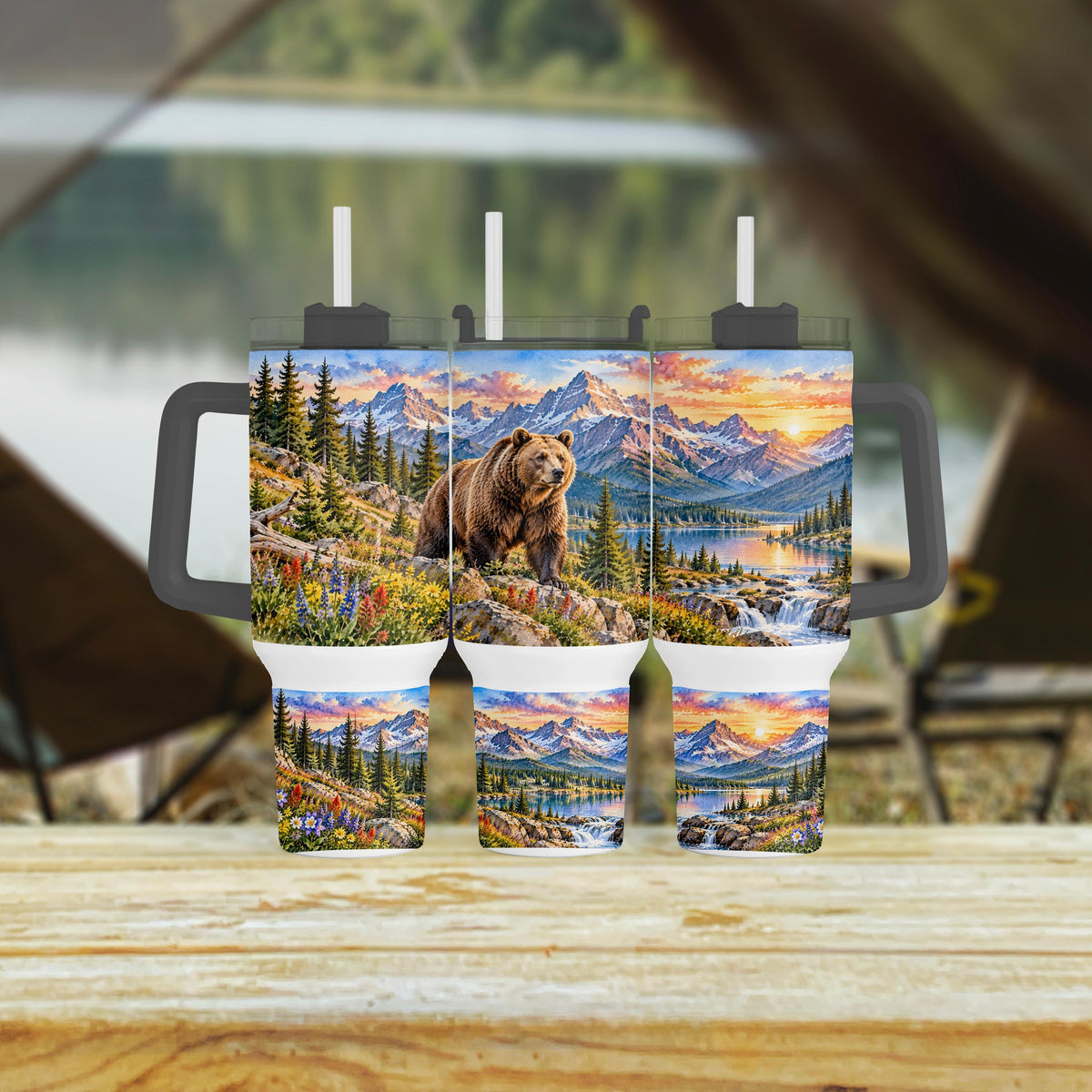 Grizzly Bear Tumbler, 40 Oz With Handle, Mountain Lake Wildlife