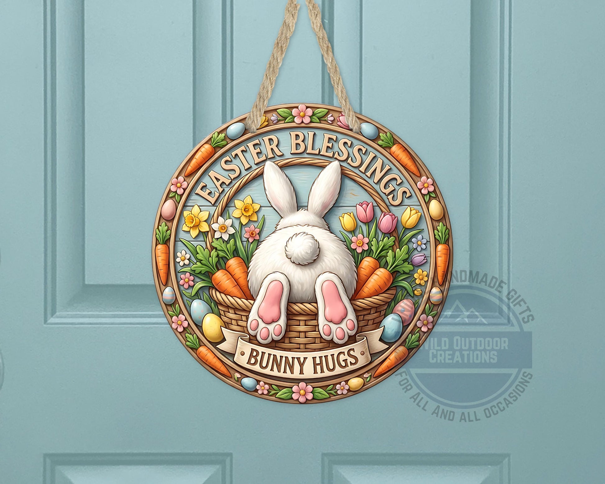 Easter Door Hanger - Round Aluminum Bunny Hugs Sign | Spring Porch Decor - detail view