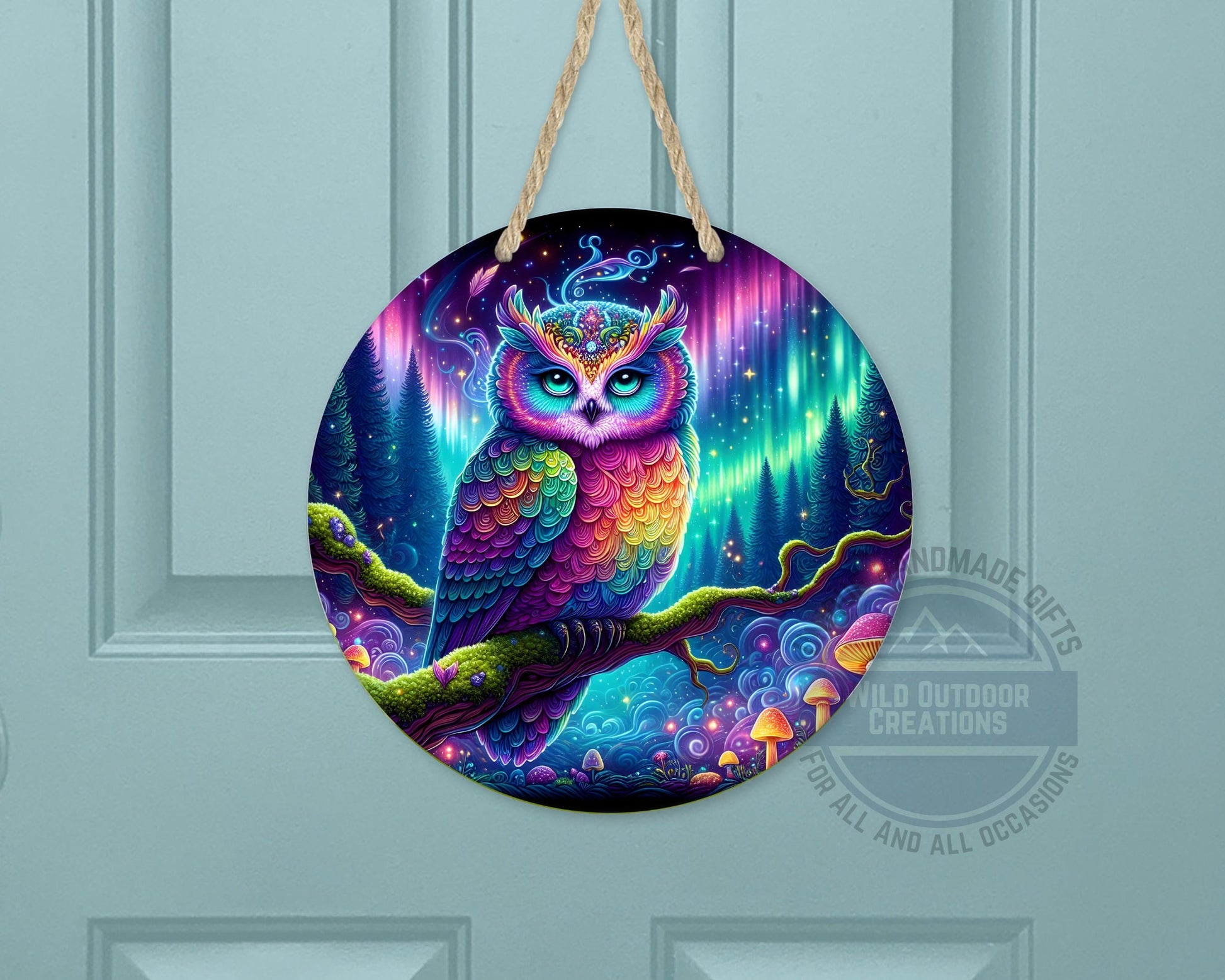 Rainbow Owl Wall Art – Psychedelic Forest Scene | Round Aluminum Sign With Fade Resistant Print - additional angle
