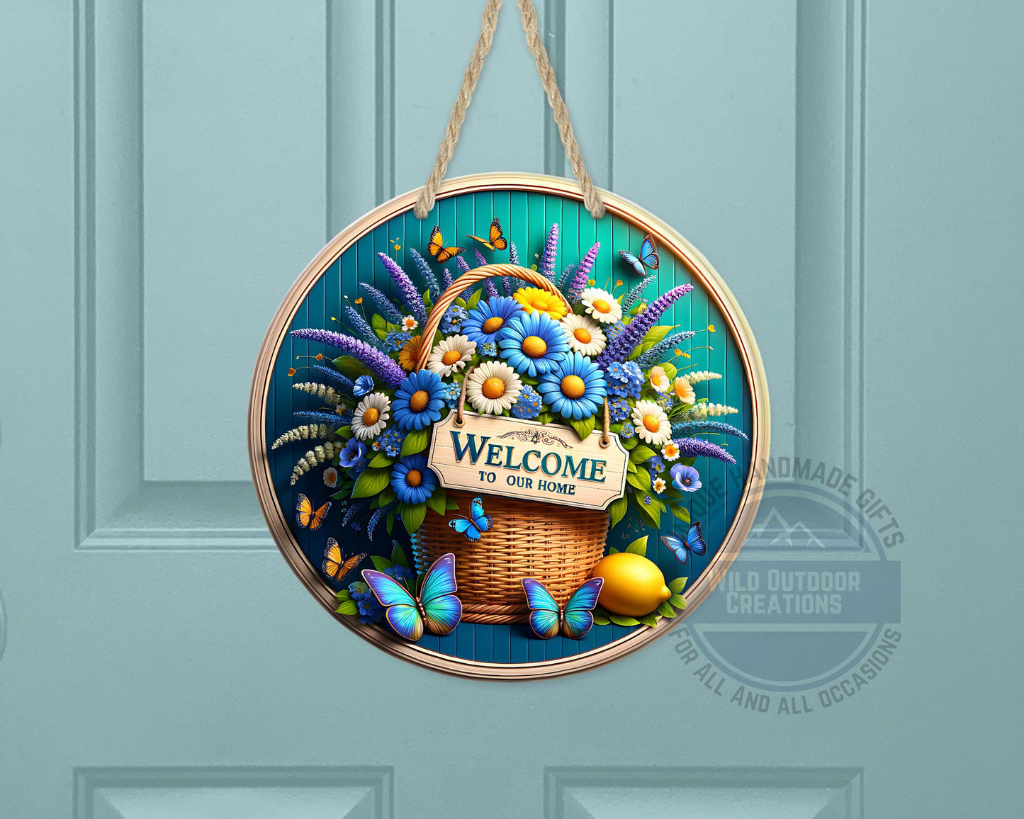 Welcome Door Sign – Blue Daisy Floral Basket | Outdoor Aluminum Porch Decor - detail view