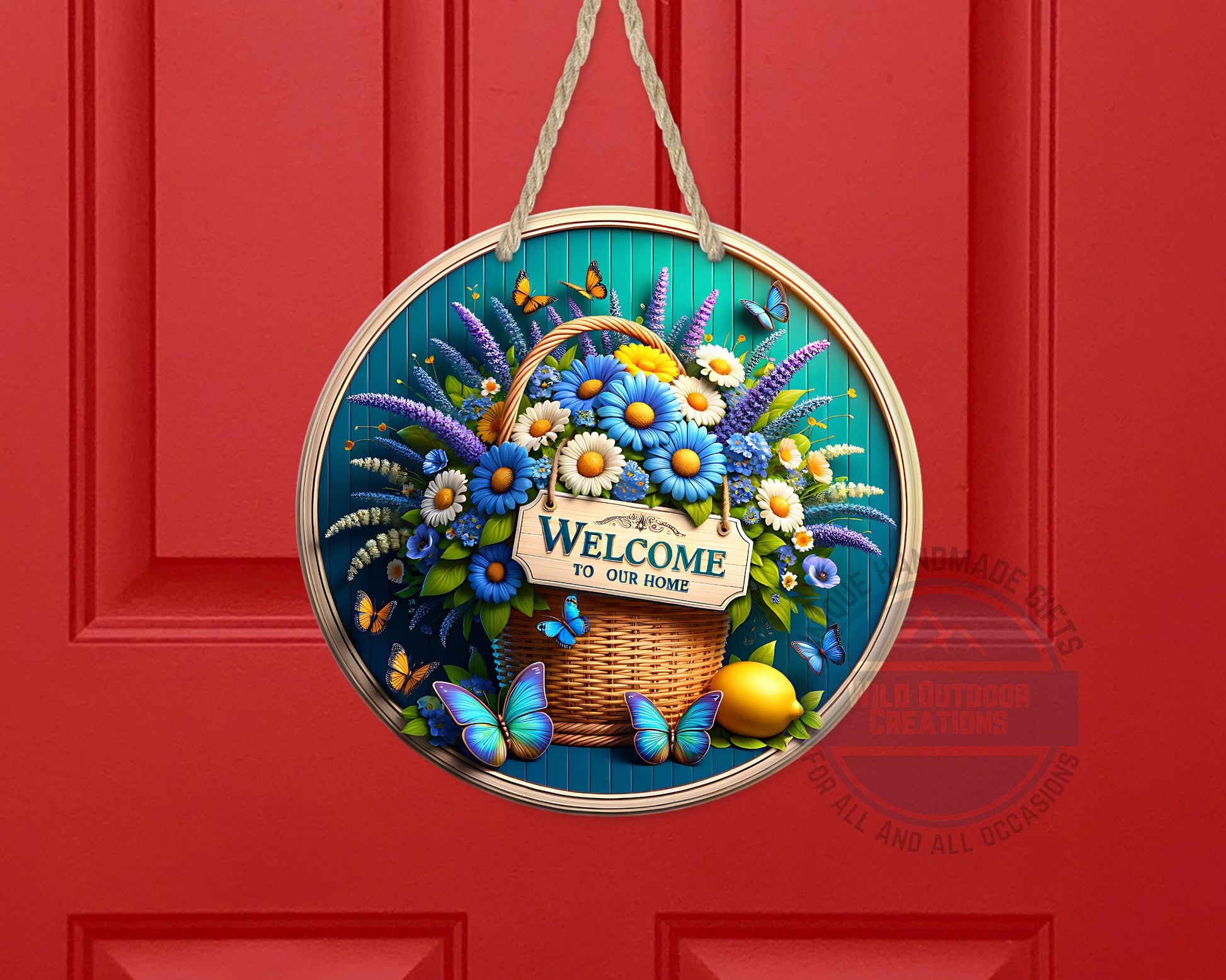 Welcome Door Sign – Blue Daisy Floral Basket | Outdoor Aluminum Porch Decor - additional angle