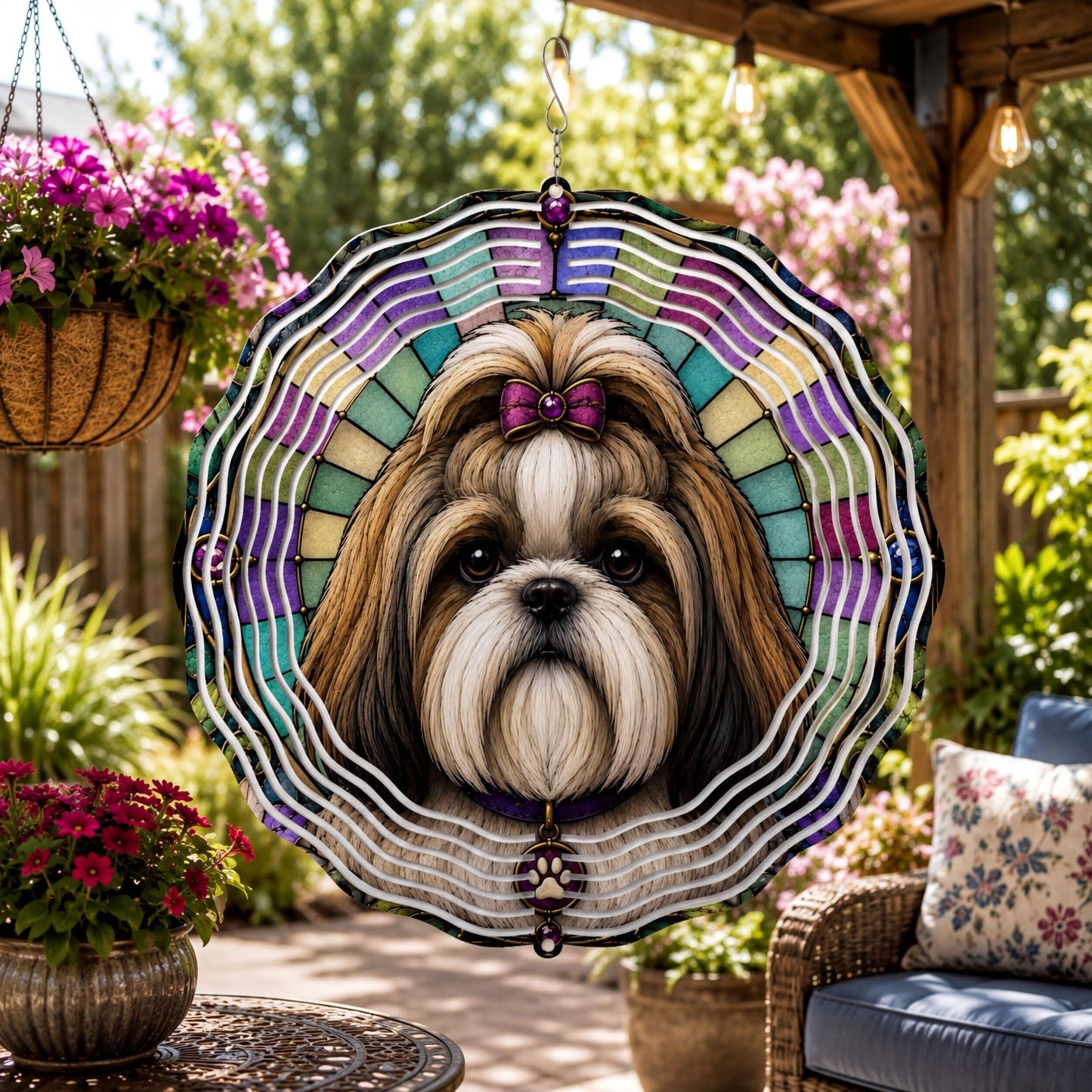 Shih Tzu Wind Spinner Faux Stained Glass Dog Garden Decor Aluminum Hanging Gift