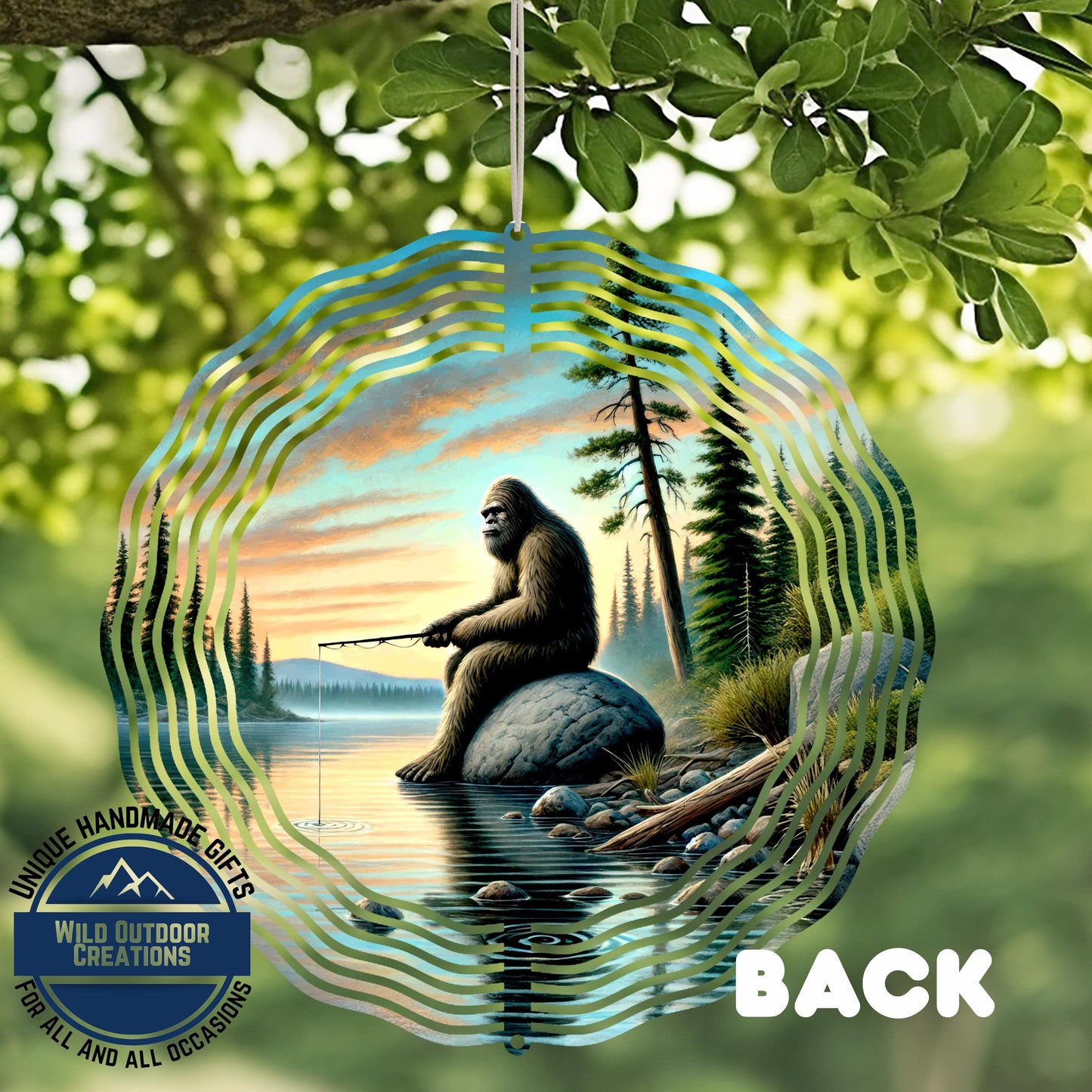 Bigfoot Fishing Wind Spinner - Aluminum Outdoor Spinner | Sasquatch Garden Decor - full product view