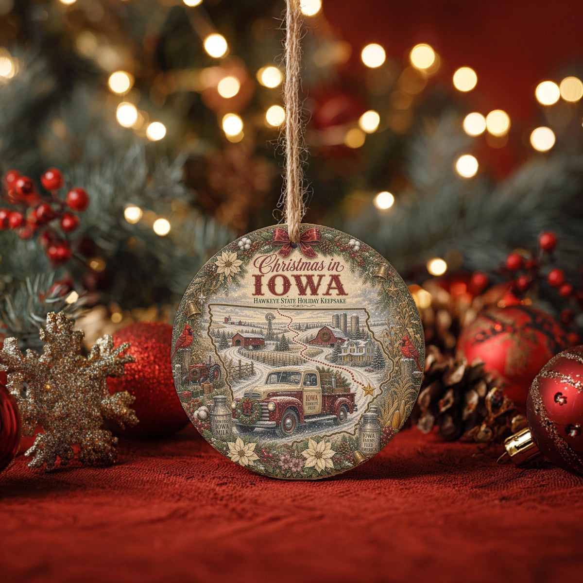 Iowa Christmas Ornament, Vintage Truck Cardinal Ceramic Keepsake