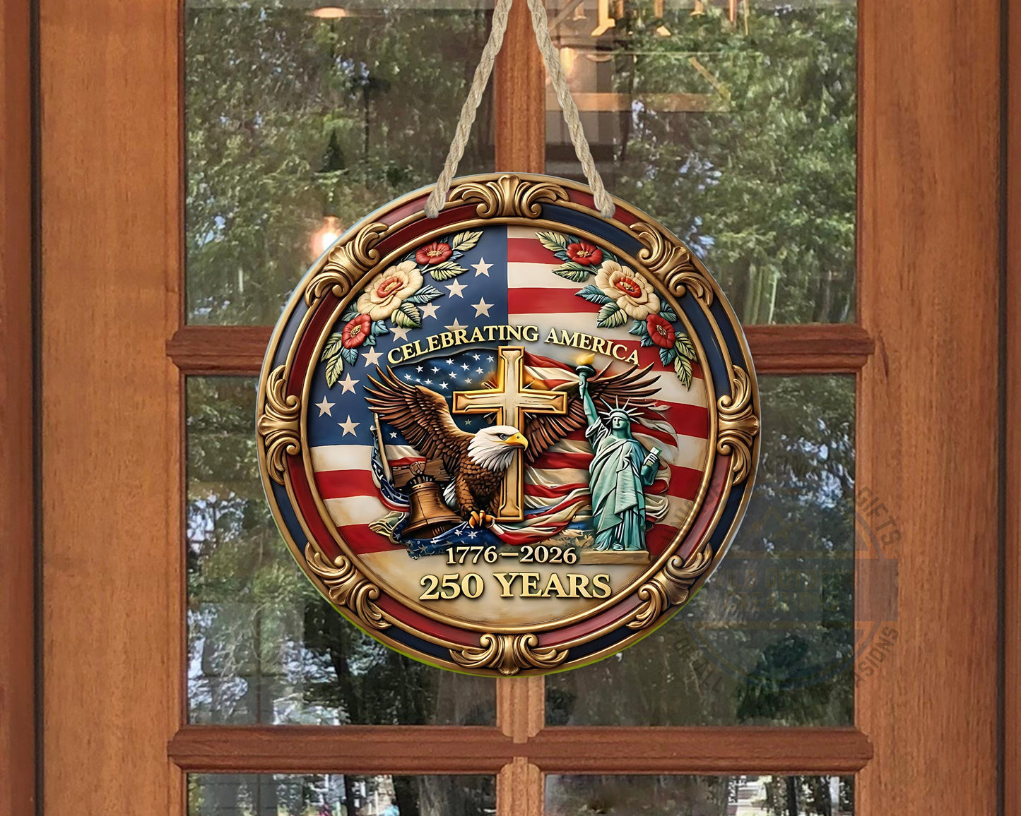 Patriotic Door Hanger - America 250 Decor | Eagle And Flag Aluminum Sign - displayed on front door