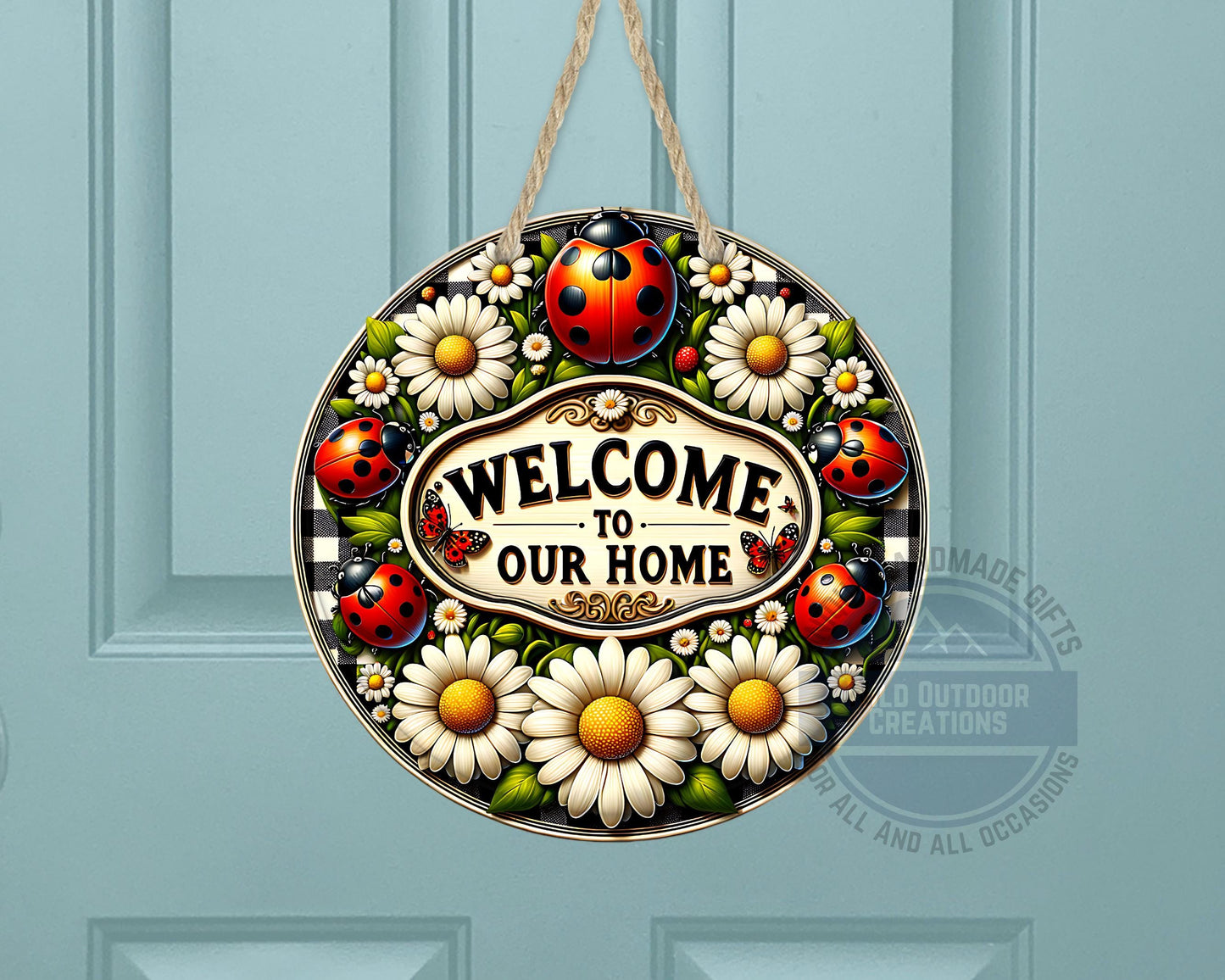 Welcome Door Hanger - Outdoor Aluminum Round Sign With Ladybug & Daisy Design - detail view