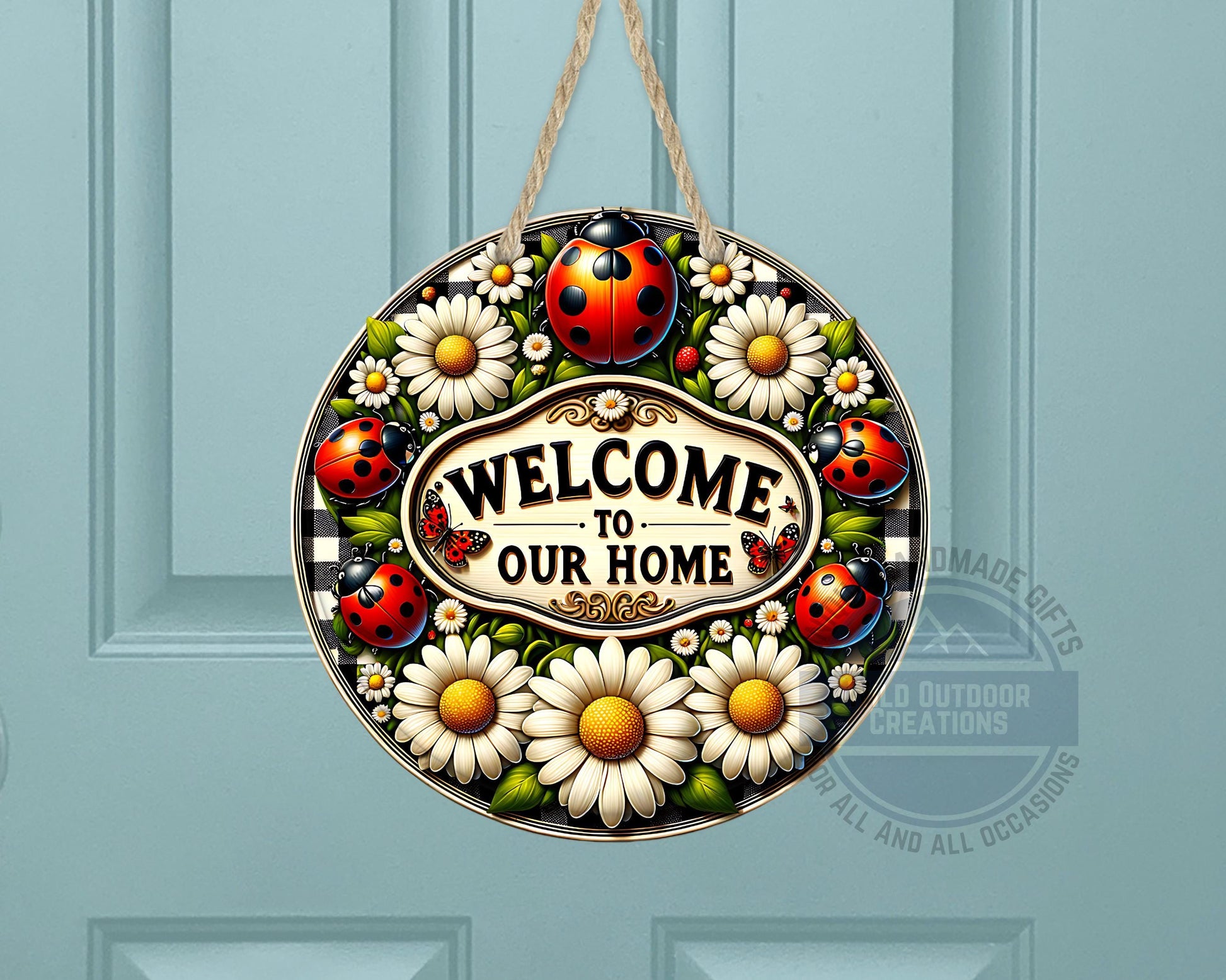 Welcome Door Hanger - Outdoor Aluminum Round Sign With Ladybug & Daisy Design - detail view