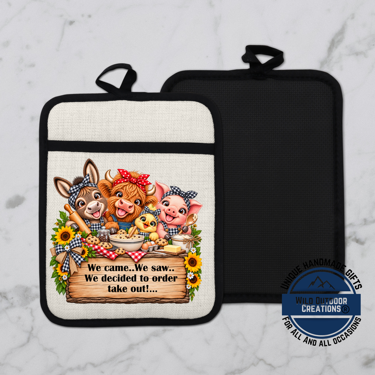 A kitchen pot holder with a cartoon illustration of farm animals, including a cow, pig, and chicken, along with a sign that says "We came. We saw. We decided to order take out..."