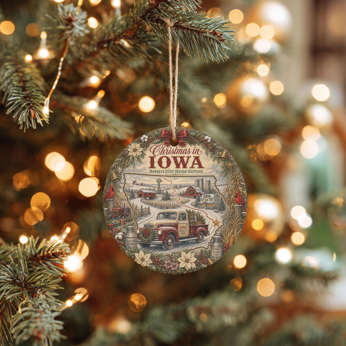 Iowa Christmas Ornament, Vintage Truck Cardinal Ceramic Keepsake
