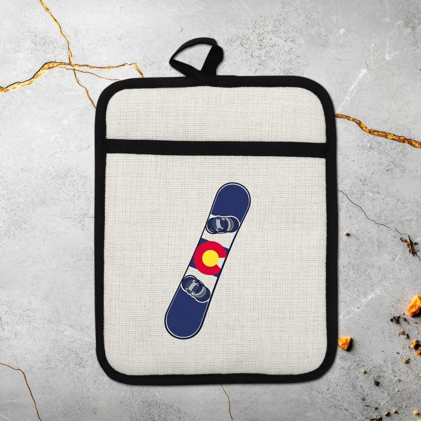 Snowboard Pot Holder - Colorado Flag Design | Linen Fabric & Silicone Backing Pad Trivet - additional product photo 17