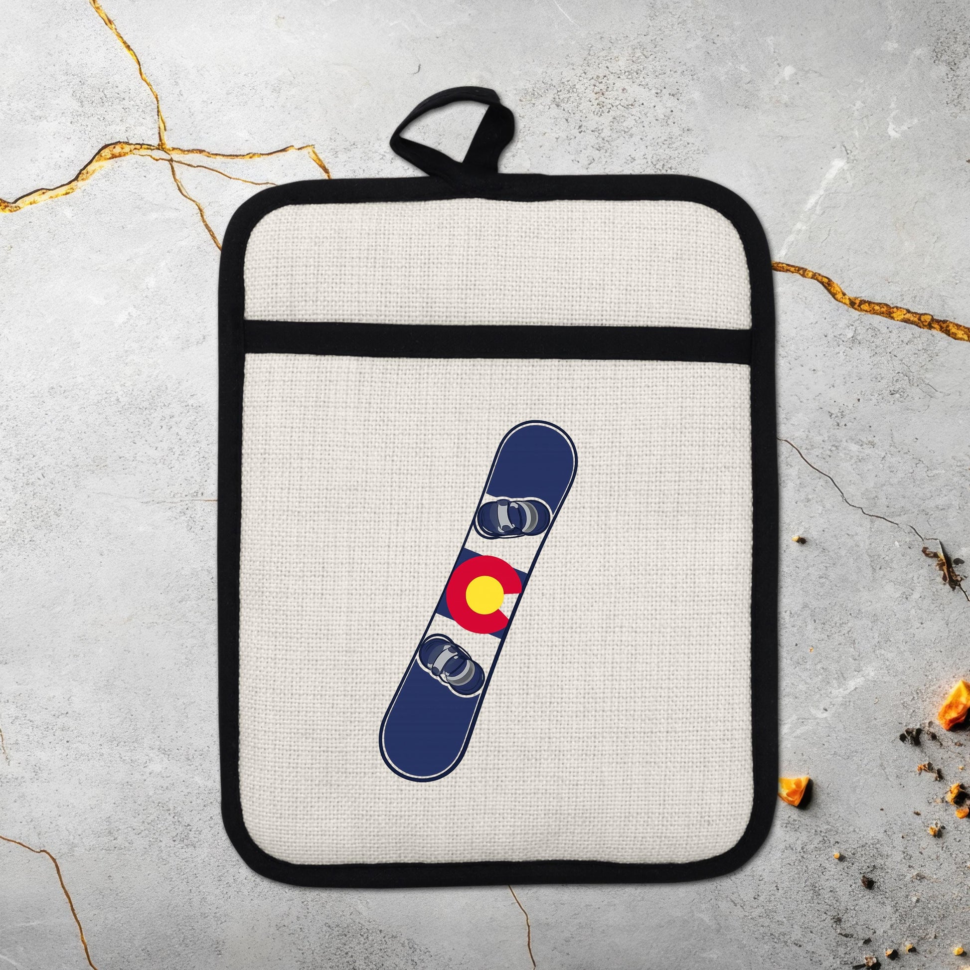 Snowboard Pot Holder - Colorado Flag Design | Linen Fabric & Silicone Backing Pad Trivet - additional product photo 17