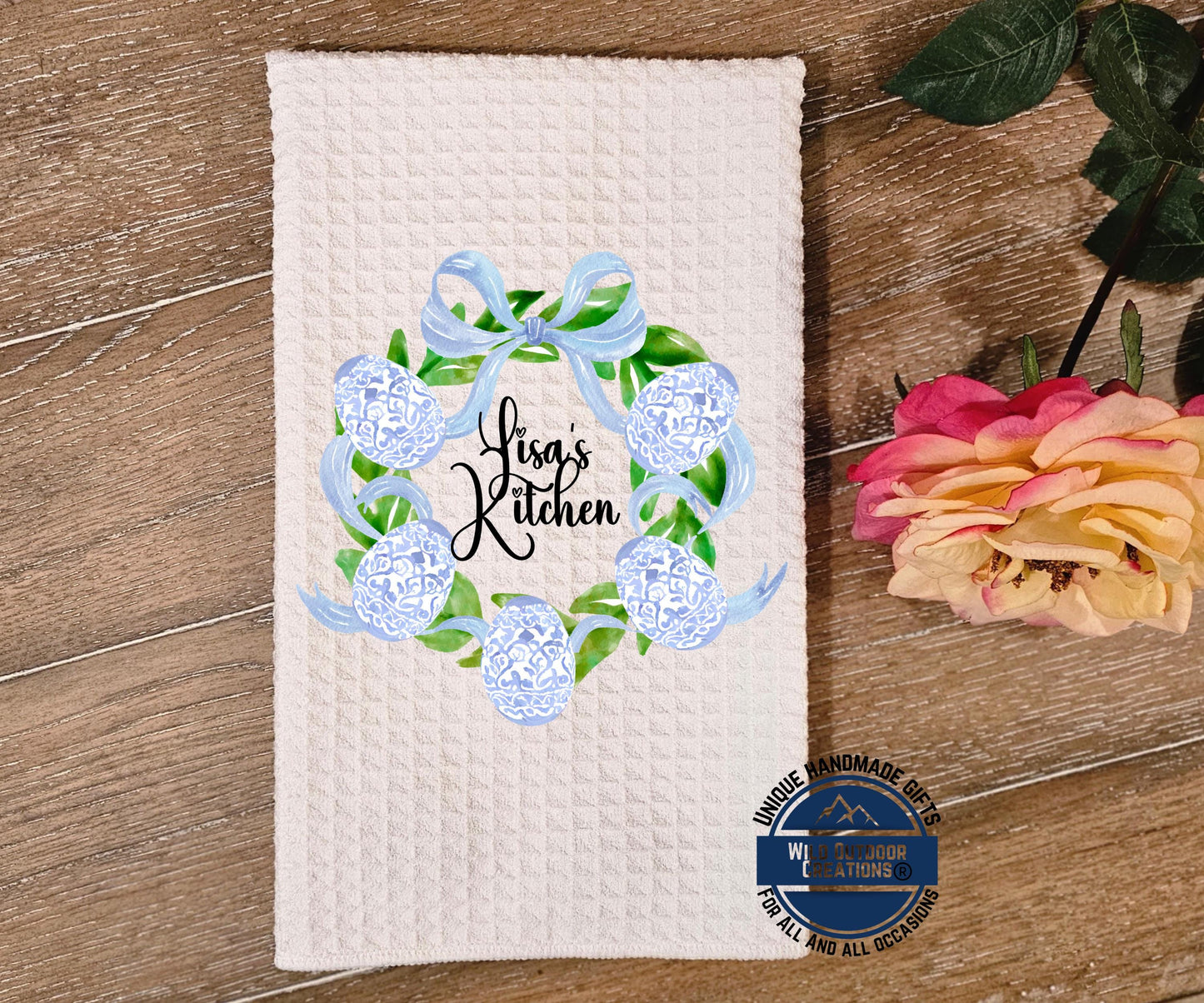 Personalized Easter Towel – Custom Name Kitchen Towel With Blue Chinoiserie Wreath - product dimensions and specifications