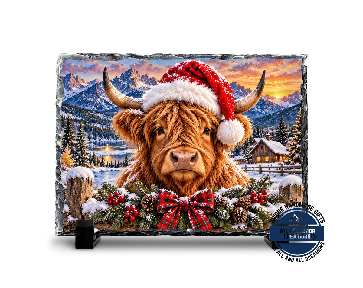 Highland Cow Christmas Slate Plaque, Rustic Farmhouse Holiday Decor, Cow Lover Gift