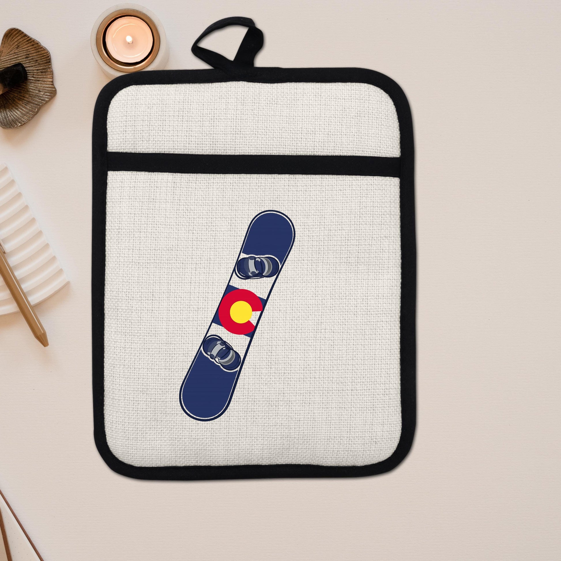 Snowboard Pot Holder - Colorado Flag Design | Linen Fabric & Silicone Backing Pad Trivet - additional product photo 13