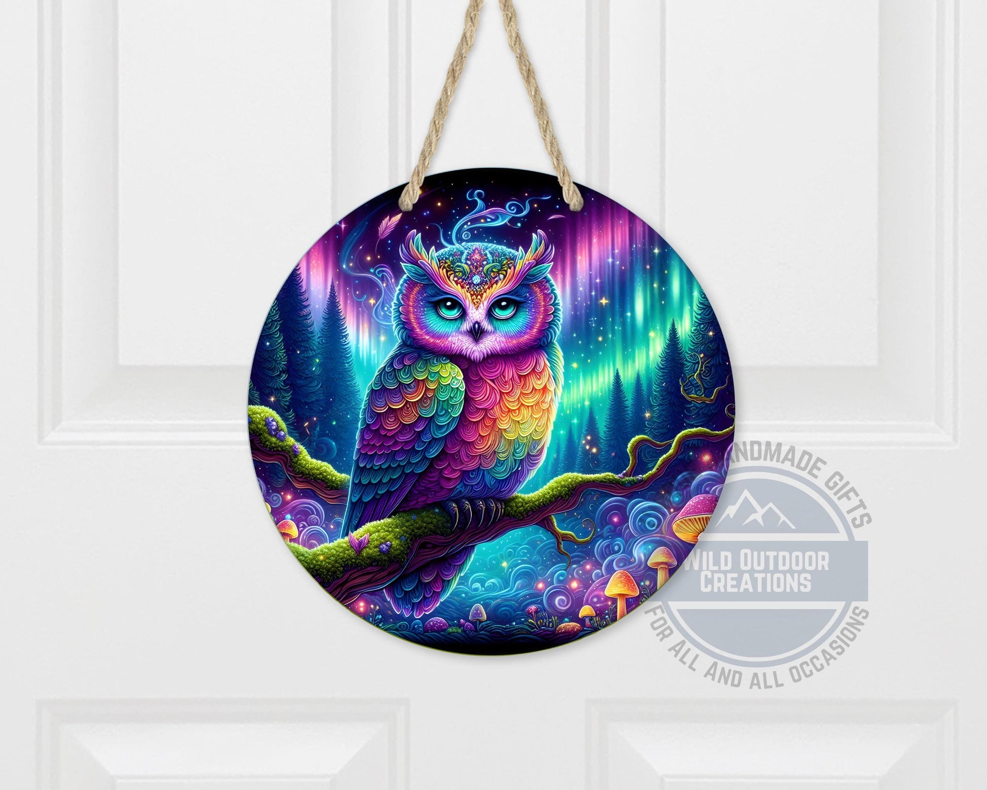 Rainbow Owl Wall Art – Psychedelic Forest Scene | Round Aluminum Sign With Fade Resistant Print - scale and size reference