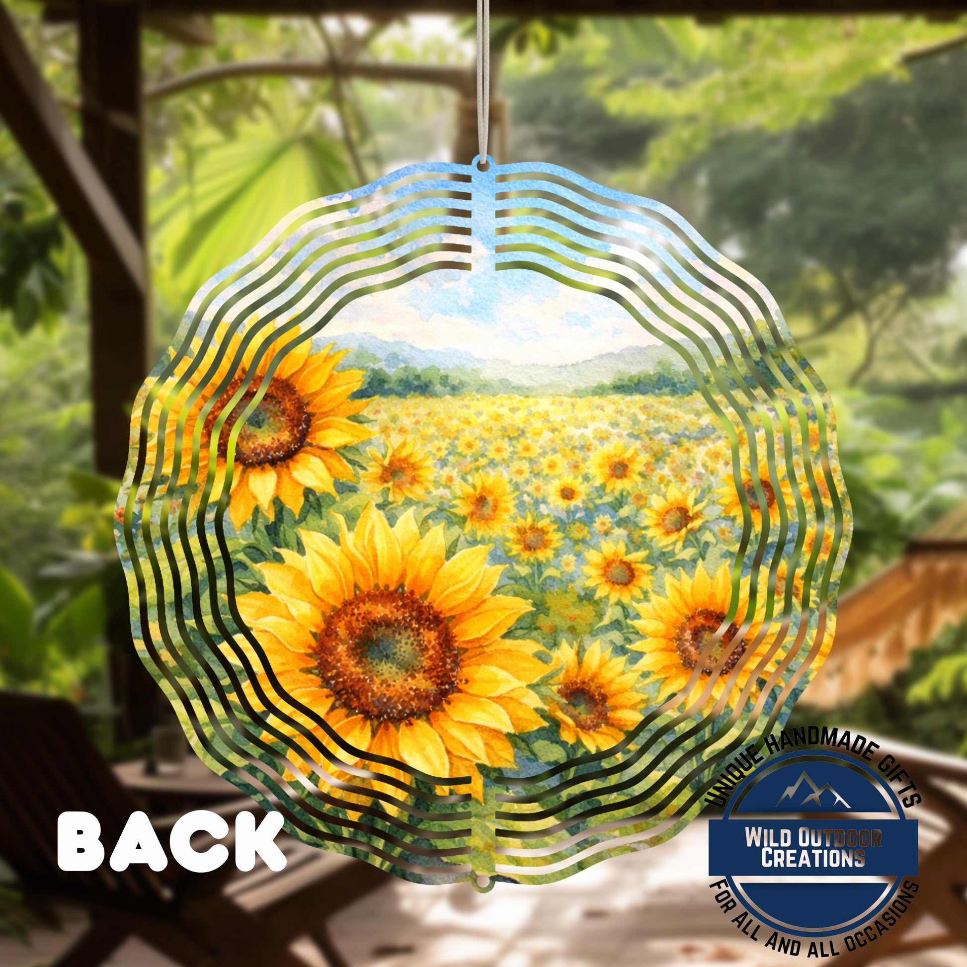 Sunflower Wind Spinner - Double Sided Aluminum Garden Spinner, 10 Inch Patio Hanging Decor - scale and size reference