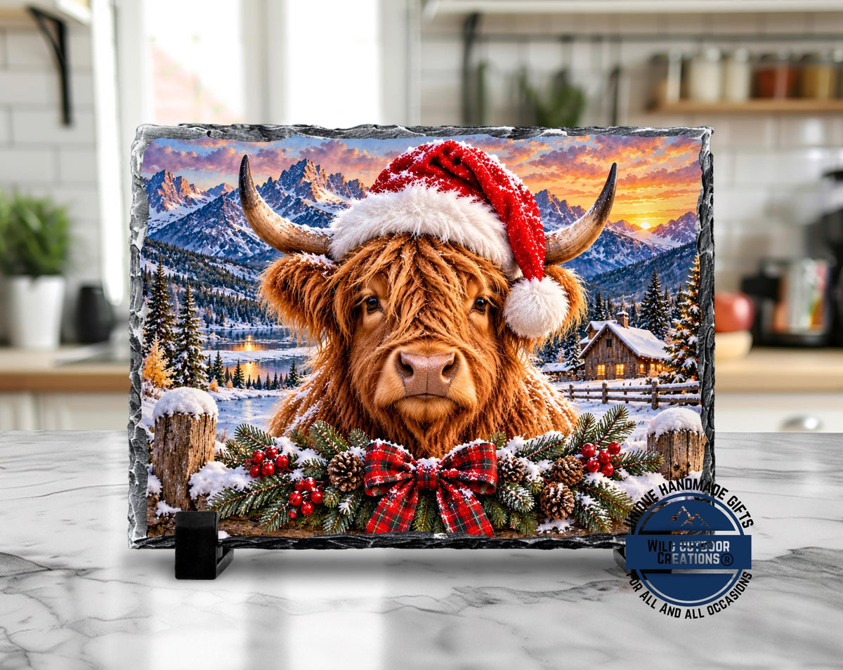 Highland Cow Christmas Slate Plaque, Rustic Farmhouse Holiday Decor, Cow Lover Gift