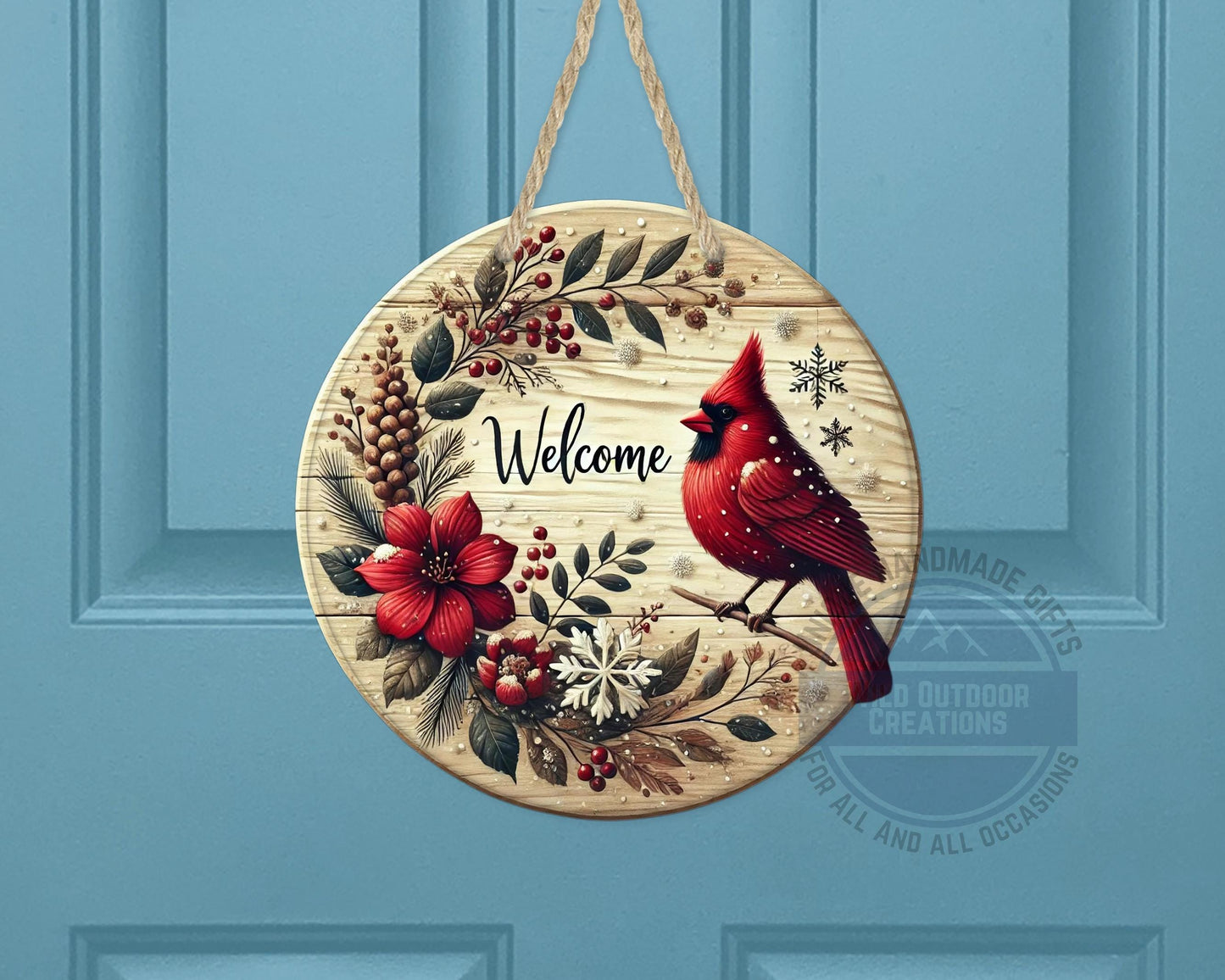 Cardinal Door Hanger - Winter Floral Wreath | Lightweight Aluminum Holiday Porch Sign - gift presentation view