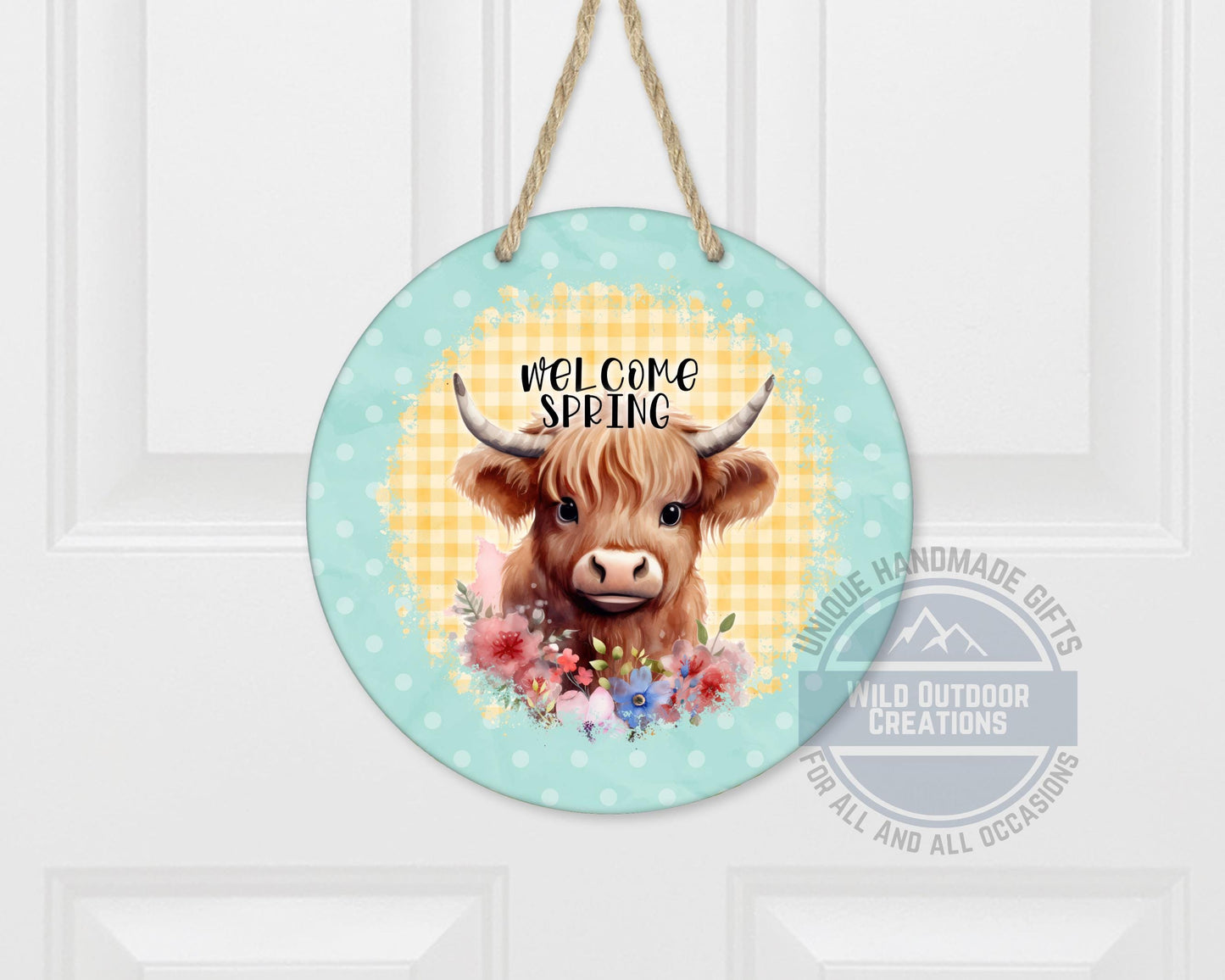 Welcome Spring Sign - Highland Cow Decor | Round Aluminum Front Porch Sign - scale and size reference