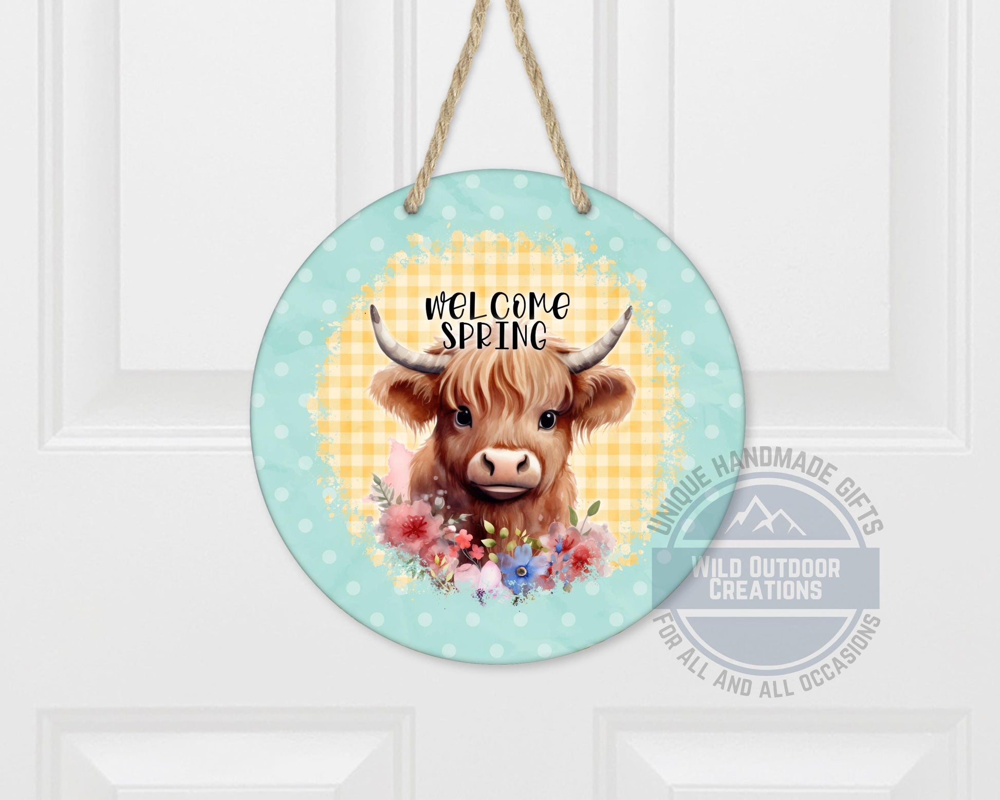Welcome Spring Sign - Highland Cow Decor | Round Aluminum Front Porch Sign - scale and size reference