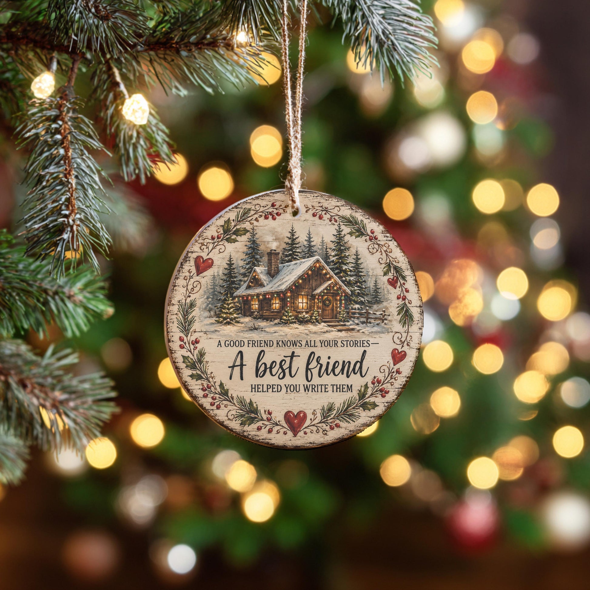 A wooden ornament hanging on a Christmas tree, featuring a cabin and the text "A good friend knows all your stories" and "A best friend helped you write them".