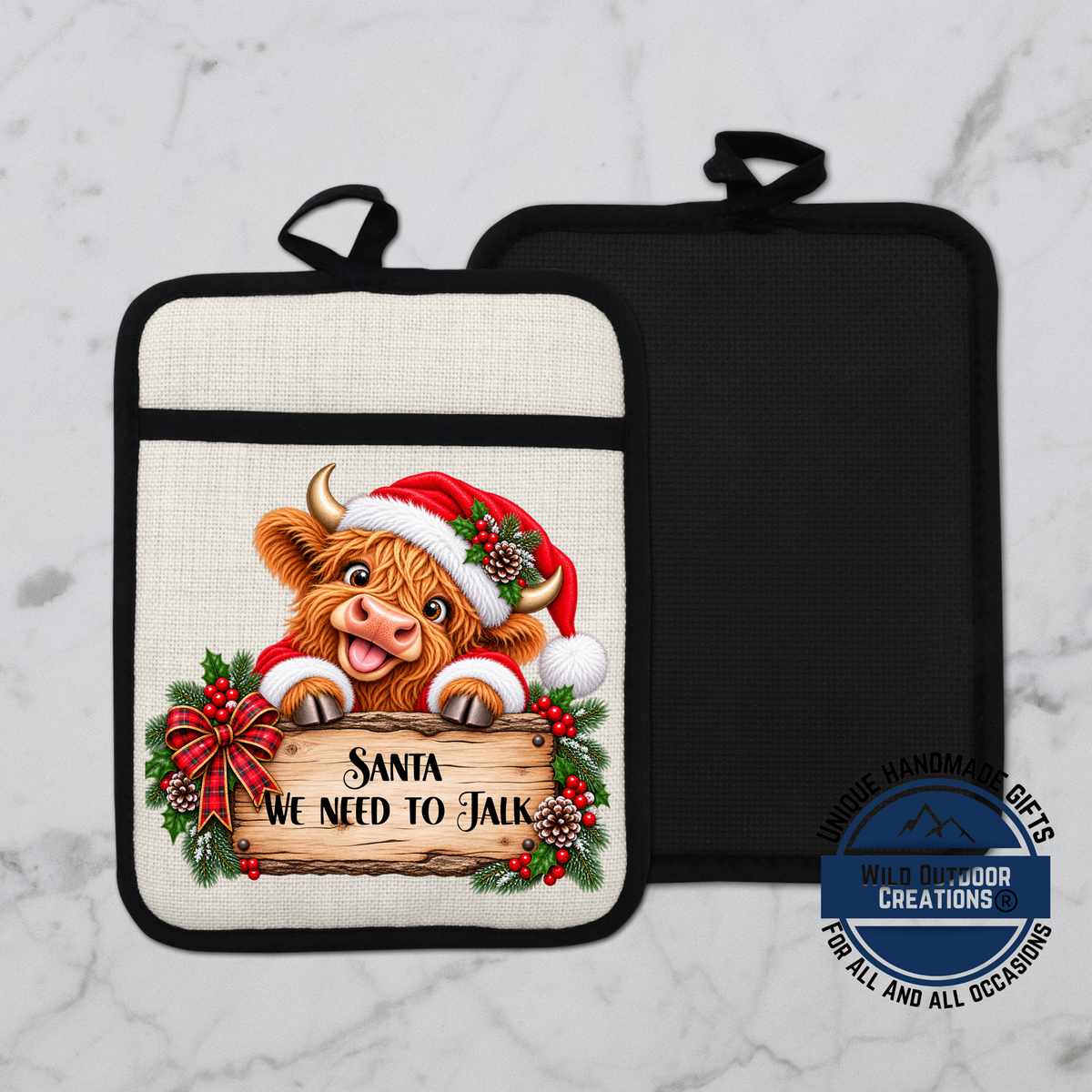 A kitchen pot with a Santa cow wearing a Santa hat and holding a sign that says "Santa we need to talk".