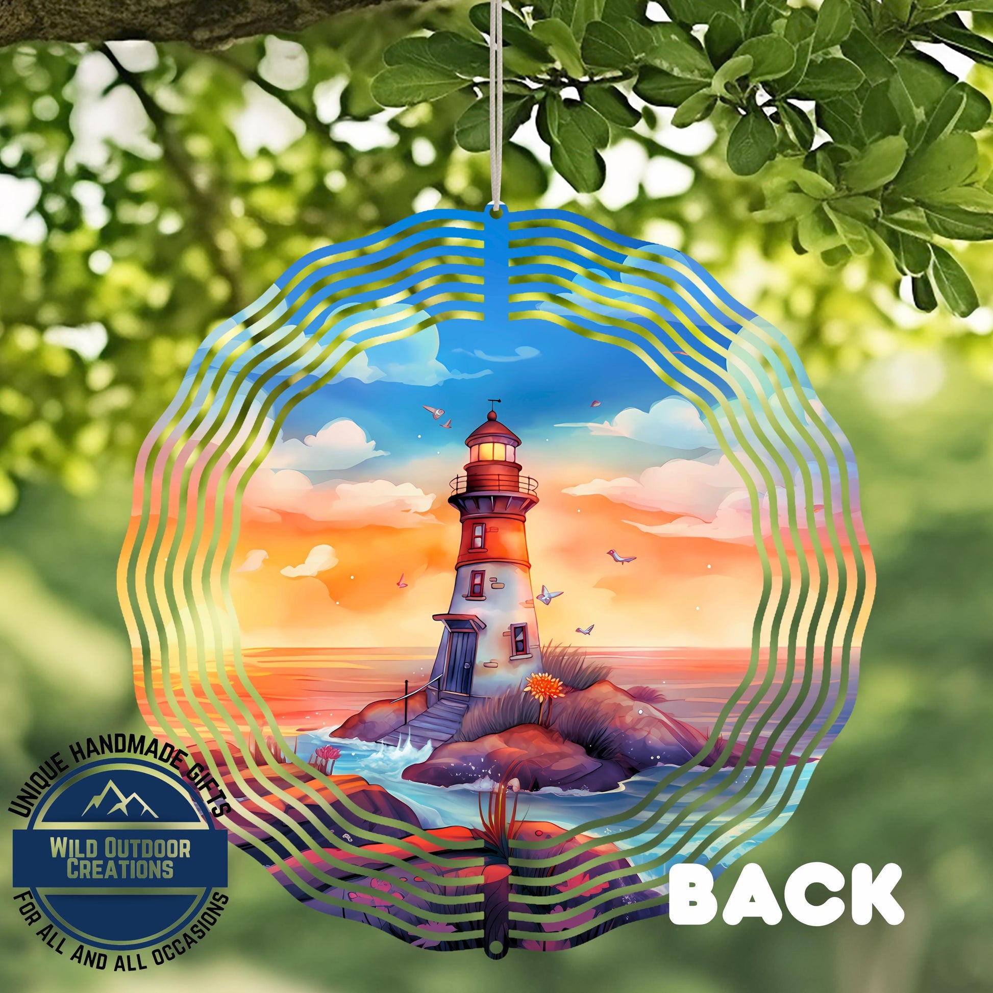 Watercolor Lighthouse Wind Spinner – Coastal Patio Decor with 360 Degree Swivel - close-up detail of design