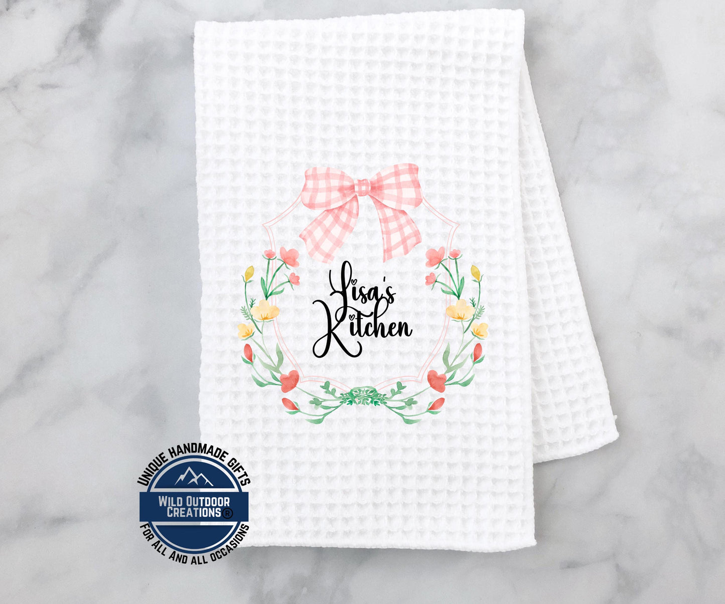 Personalized Kitchen Towel – Custom Floral Wreath Pink Gingham Bow Gift - lifestyle view