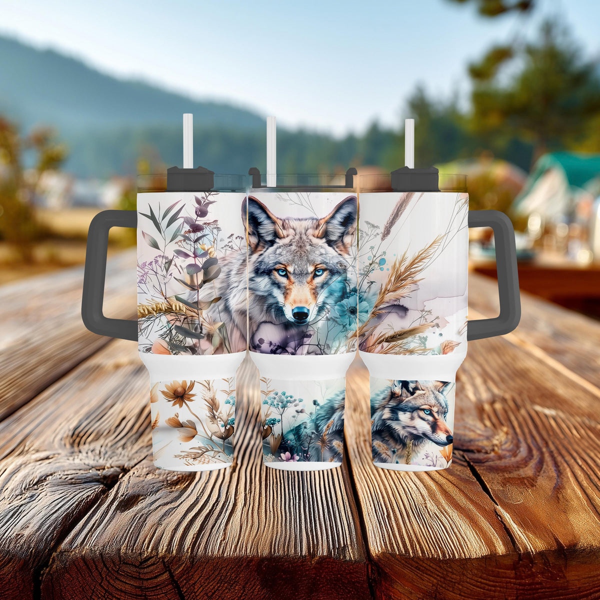 Boho Wolf Tumbler, 40 Oz With Handle, Wildflower Cup Gift For Her