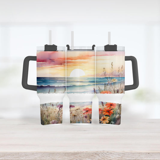 Beach Sunset Tumbler, 40 Oz Handle, Ocean Waves, Wildflower Gift
