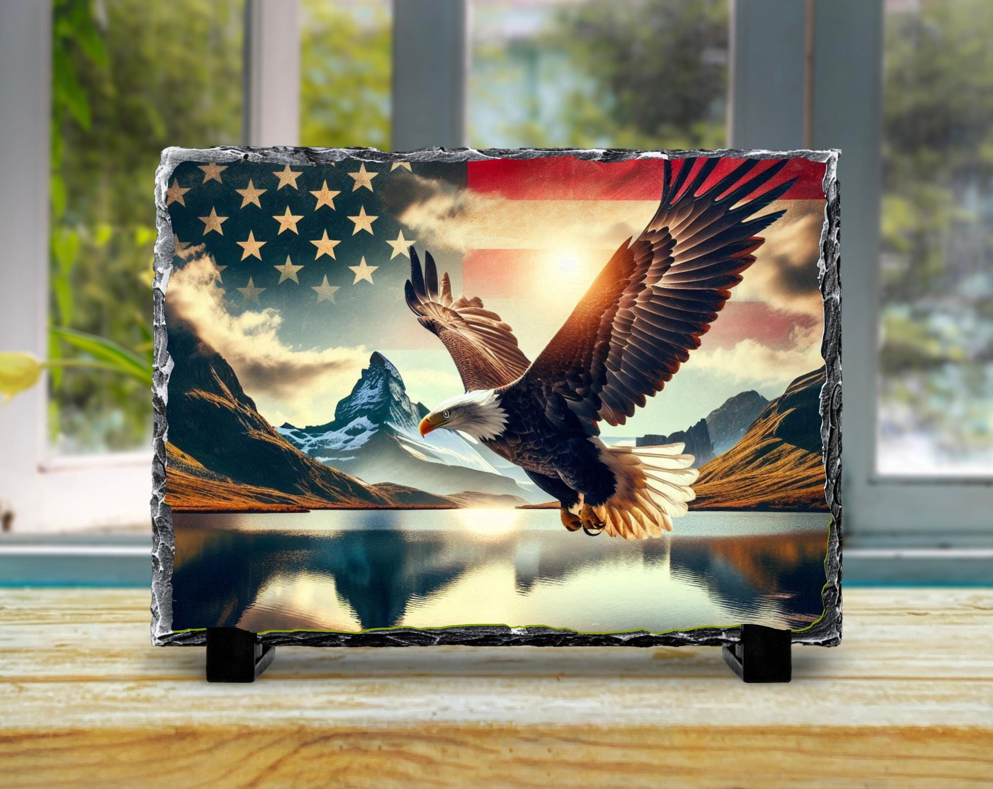 Patriotic Slate Sign - Bald Eagle Decor With American Flag Art & Mountain Lake - packaging and presentation