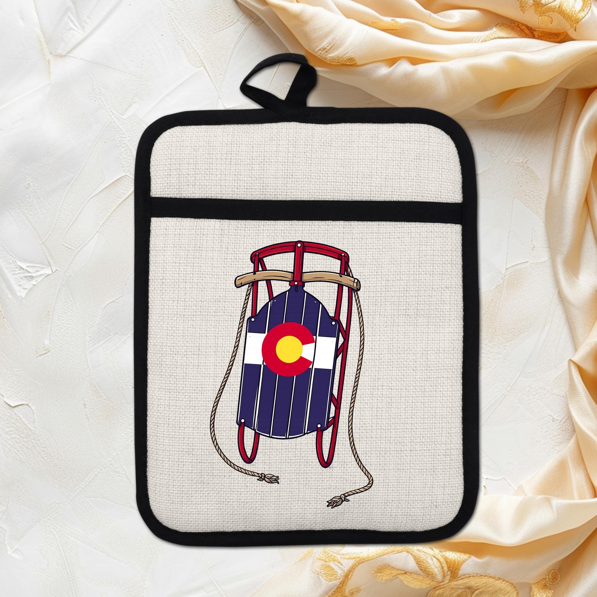 Colorado Sled Pot Holder - Linen Pot Holder with Silicone Back Trivet, Heat Resistant Oven Mitt - detail view