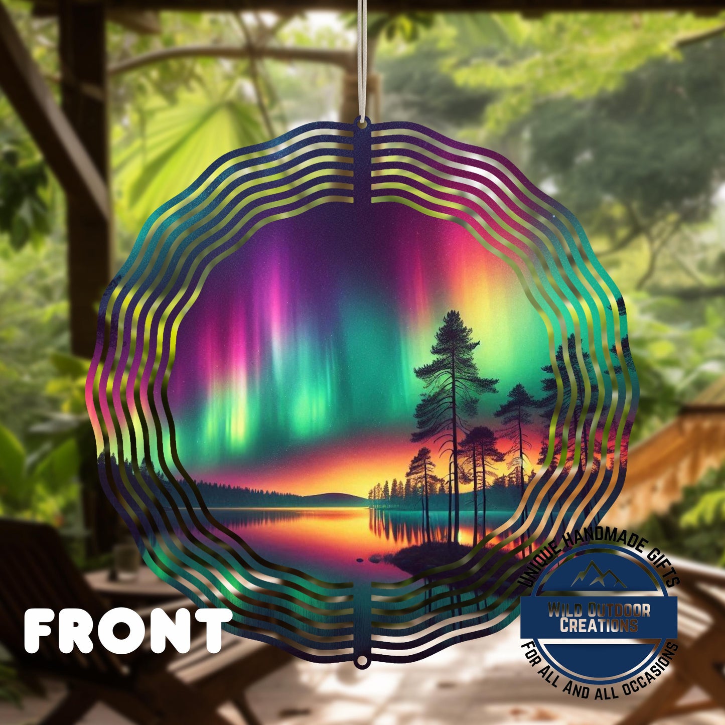 Aurora Borealis Wind Spinner - Double Sided Aluminum Garden Decor with 360 Degree Swivel - shown spinning in outdoor garde...