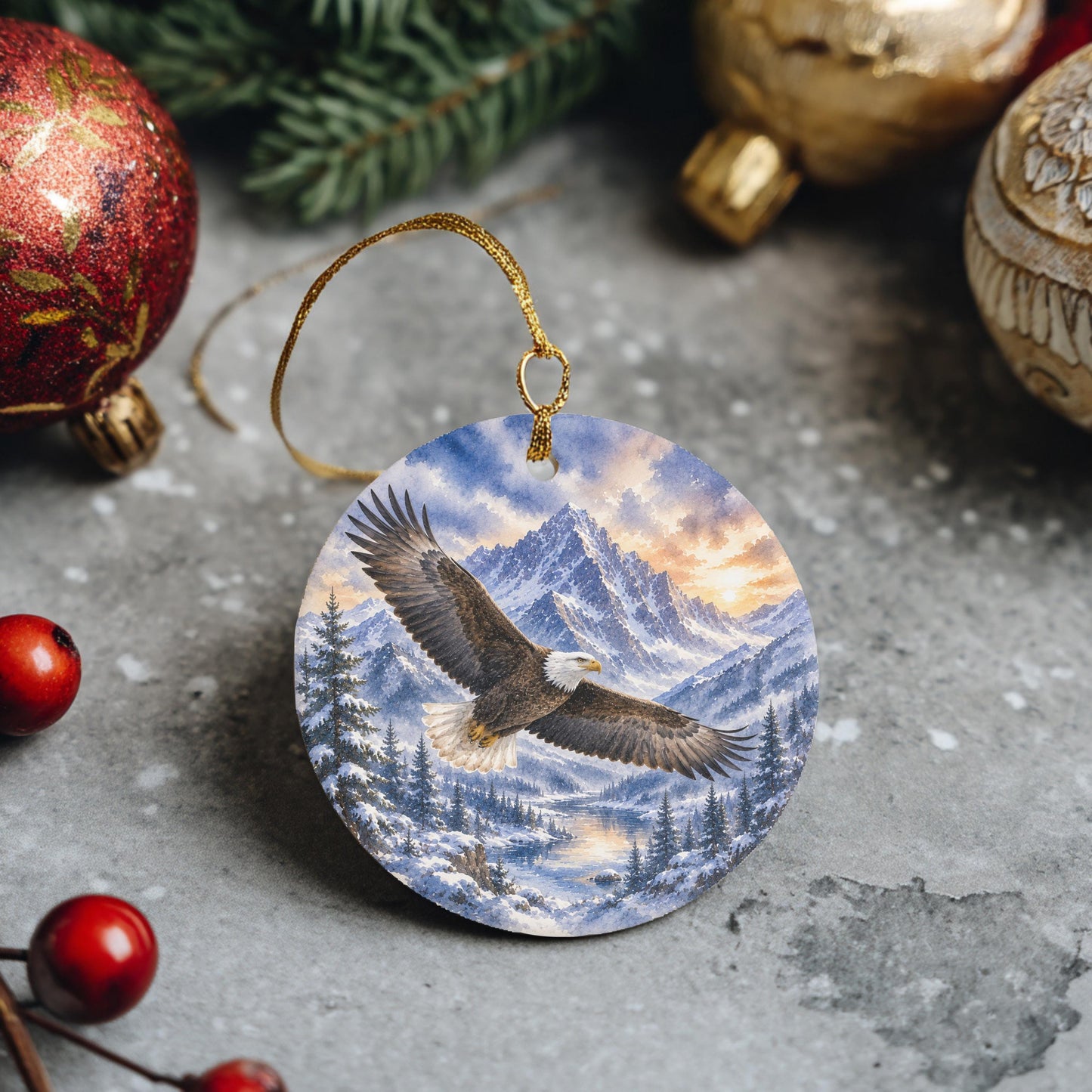 Bald Eagle Ornament, Watercolor Mountains, 3 Inch Ceramic Round