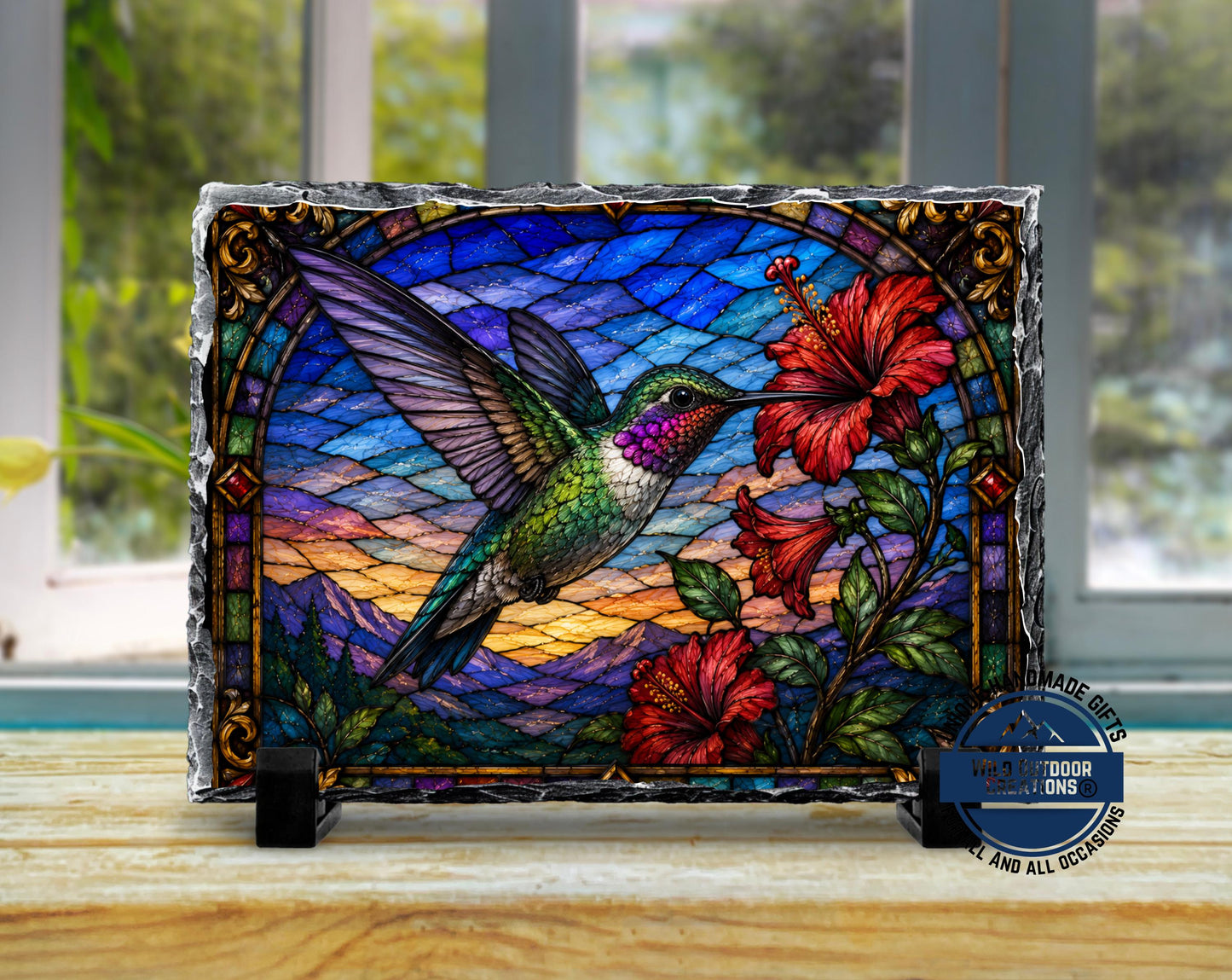 Hummingbird Faux Stained Glass Slate Plaque, Hibiscus Sunset Bird Decor, Garden Lover Gift