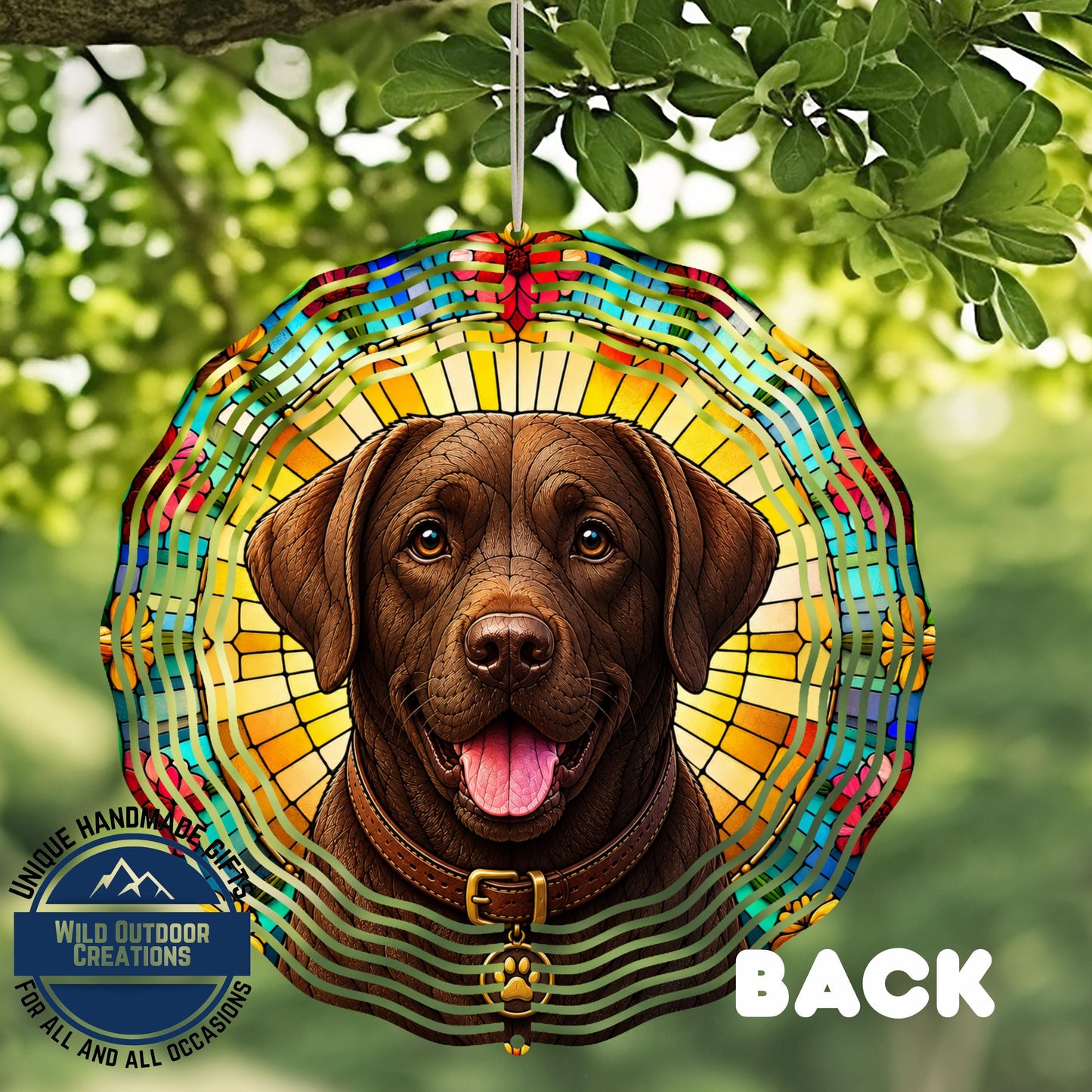 Chocolate Lab Wind Spinner - 10 Inch Faux Stained Glass Spiral Garden Decor