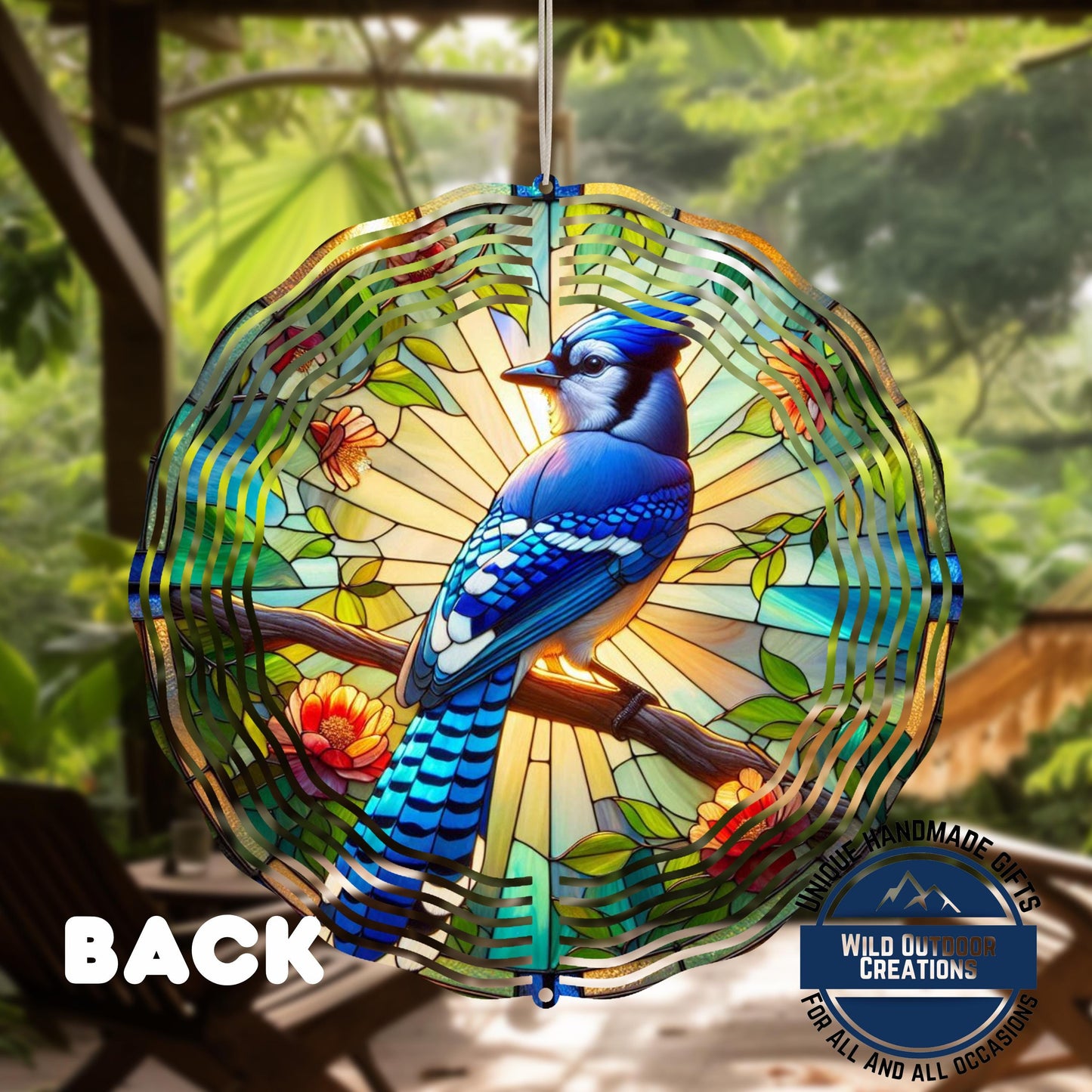 Blue Jay Wind Spinner – 10 Inch Aluminum Garden Spinner with Faux Stained Glass Decor - product dimensions and specifications