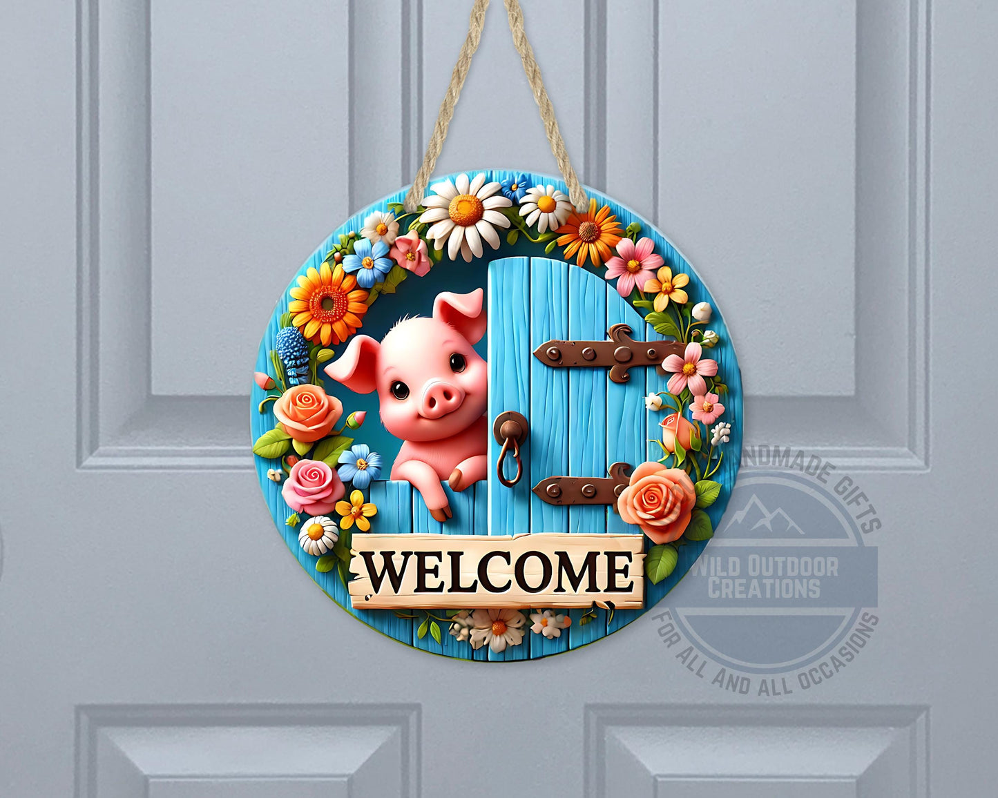 Pig Door Hanger – Farmhouse Welcome Sign | Floral Blue Wood Aluminum Decor - gift presentation view