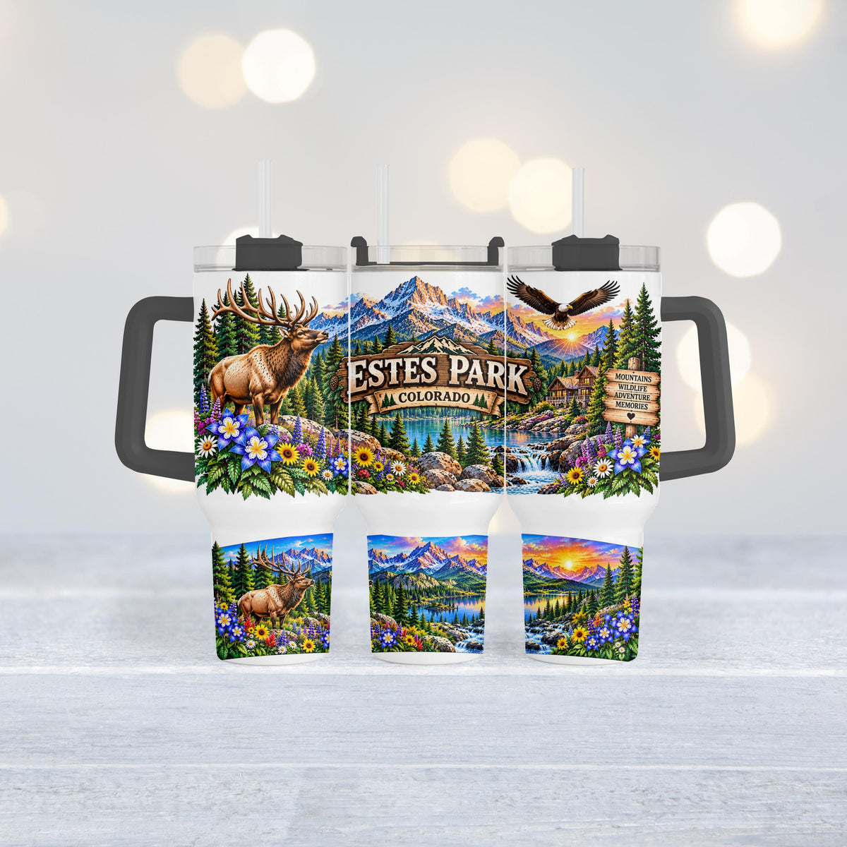 Estes Park Tumbler, 40 Oz Handle Cup, Elk Mountain Colorado Gift
