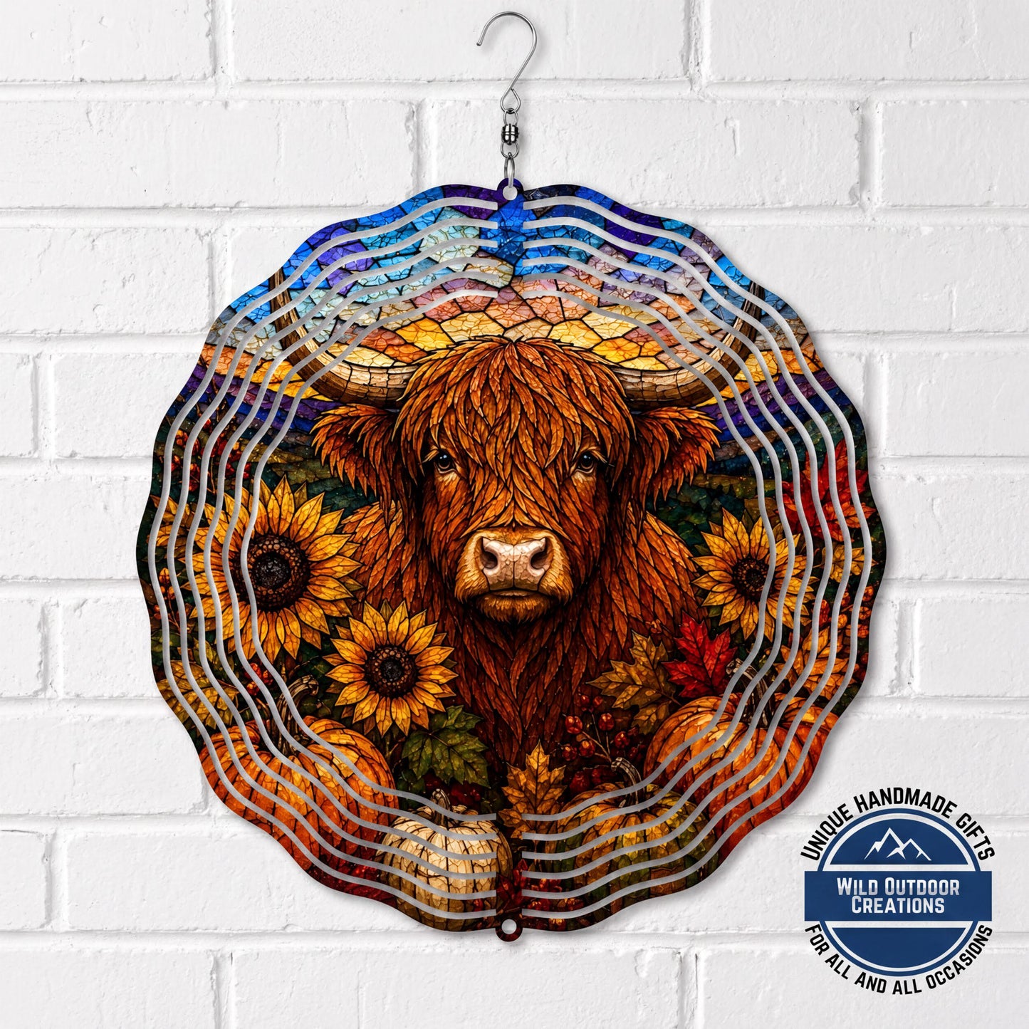 Highland Cow Faux Stained Glass Wind Spinner Fall Sunflower Garden Decor