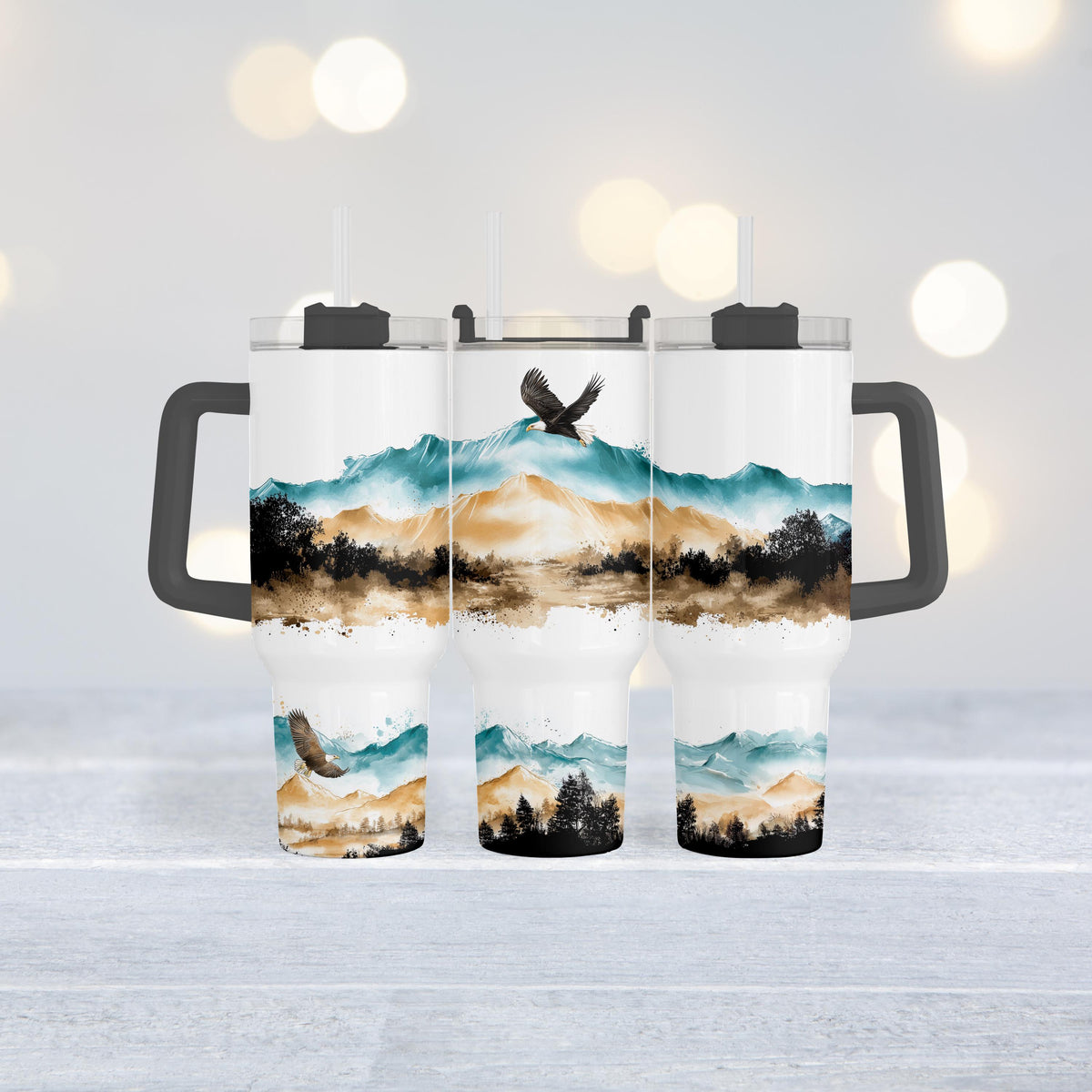 40 Oz Tumbler, Bald Eagle Teal Mountain Watercolor With Handle