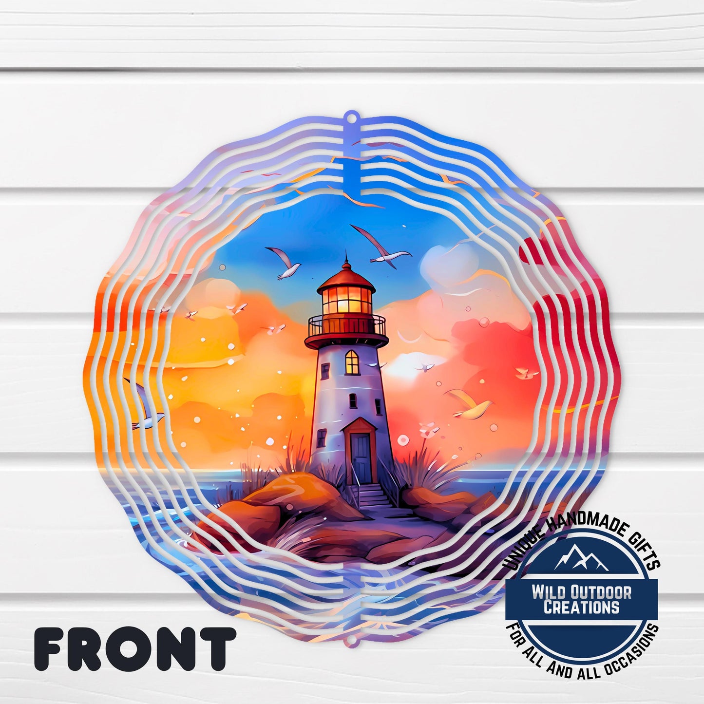 Lighthouse Wind Spinner – 10 Inch Double Sided Aluminum Coastal Yard Art - back side design view