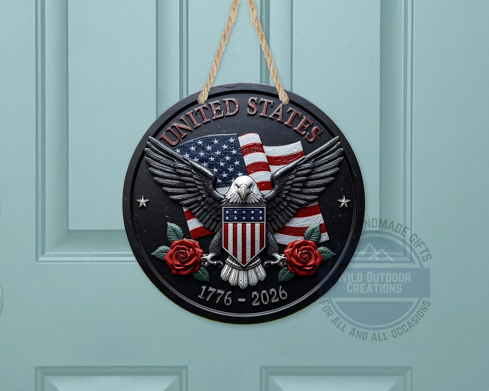 American Eagle Door Hanger - Round Aluminum Patriotic Door Sign, Veteran Gift Idea - additional angle