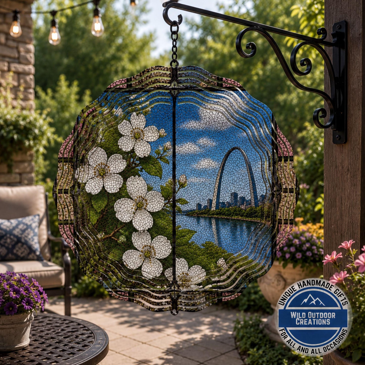 Missouri State Flower Hawthorn Blossom Wind Spinner Stained Glass Gateway Arch Decor 10 Inch