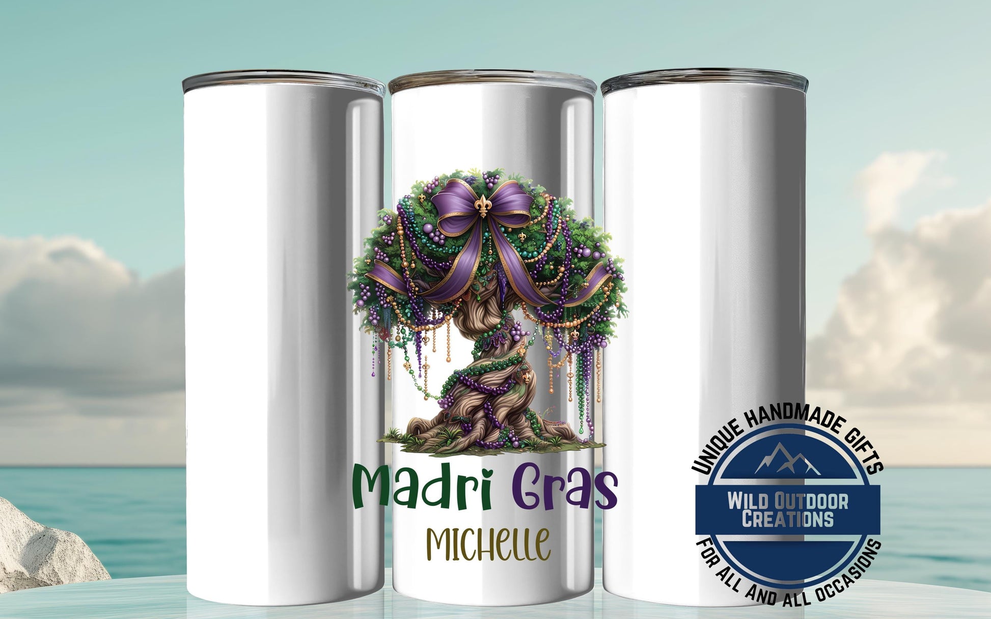 Mardi Gras Skinny Tumbler - Custom Name Glow In Dark Cup | Vacuum Insulated 20oz & 30oz - detail view of print design