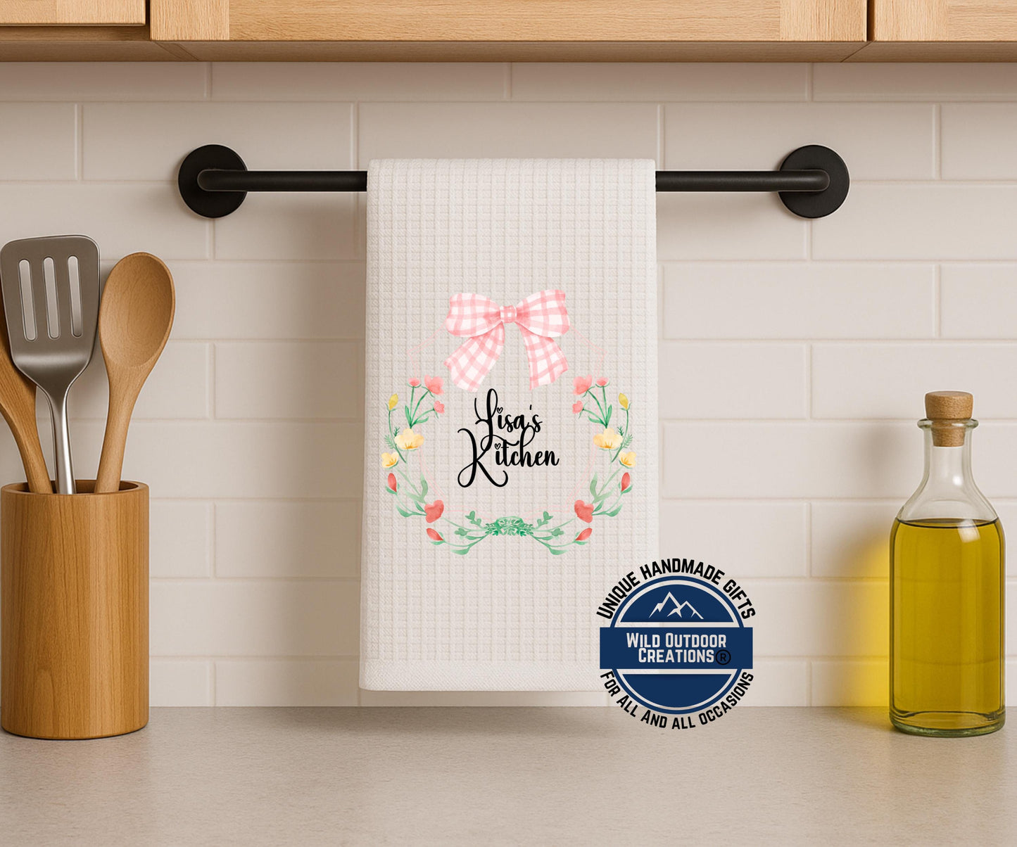 Personalized Kitchen Towel – Custom Floral Wreath Pink Gingham Bow Gift - gift presentation view