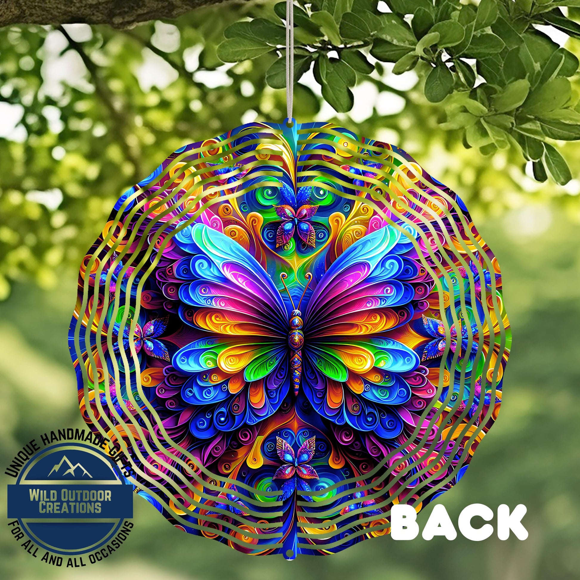 Neon Butterfly Wind Spinner - 10 Inch Rainbow Aluminum Garden Art with 360 Swivel Hook - close-up detail of design