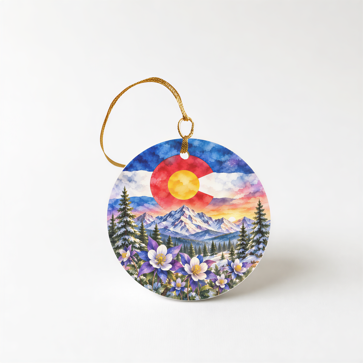 A round ornament featuring a vibrant landscape with mountains, a sun, and colorful flowers.